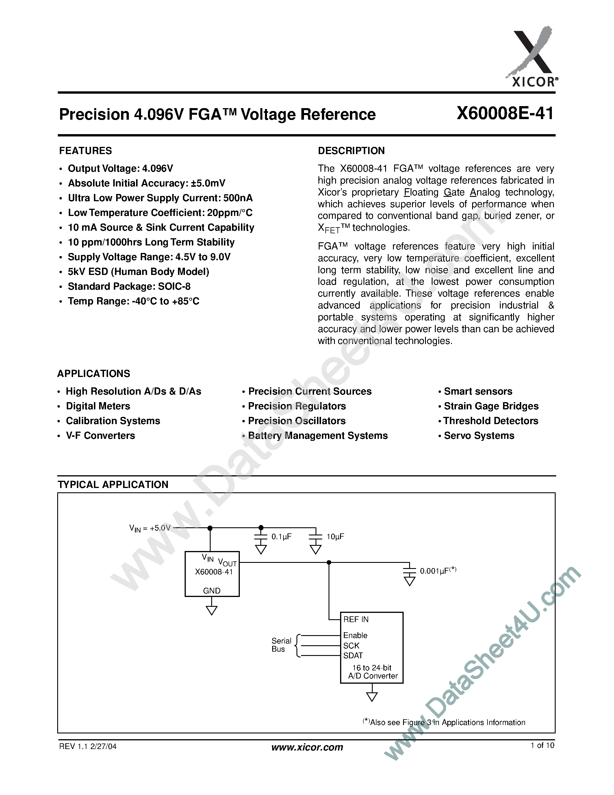 Datasheet X60008E-41 - Precison 4.096V FGA Voltage Reference page 1