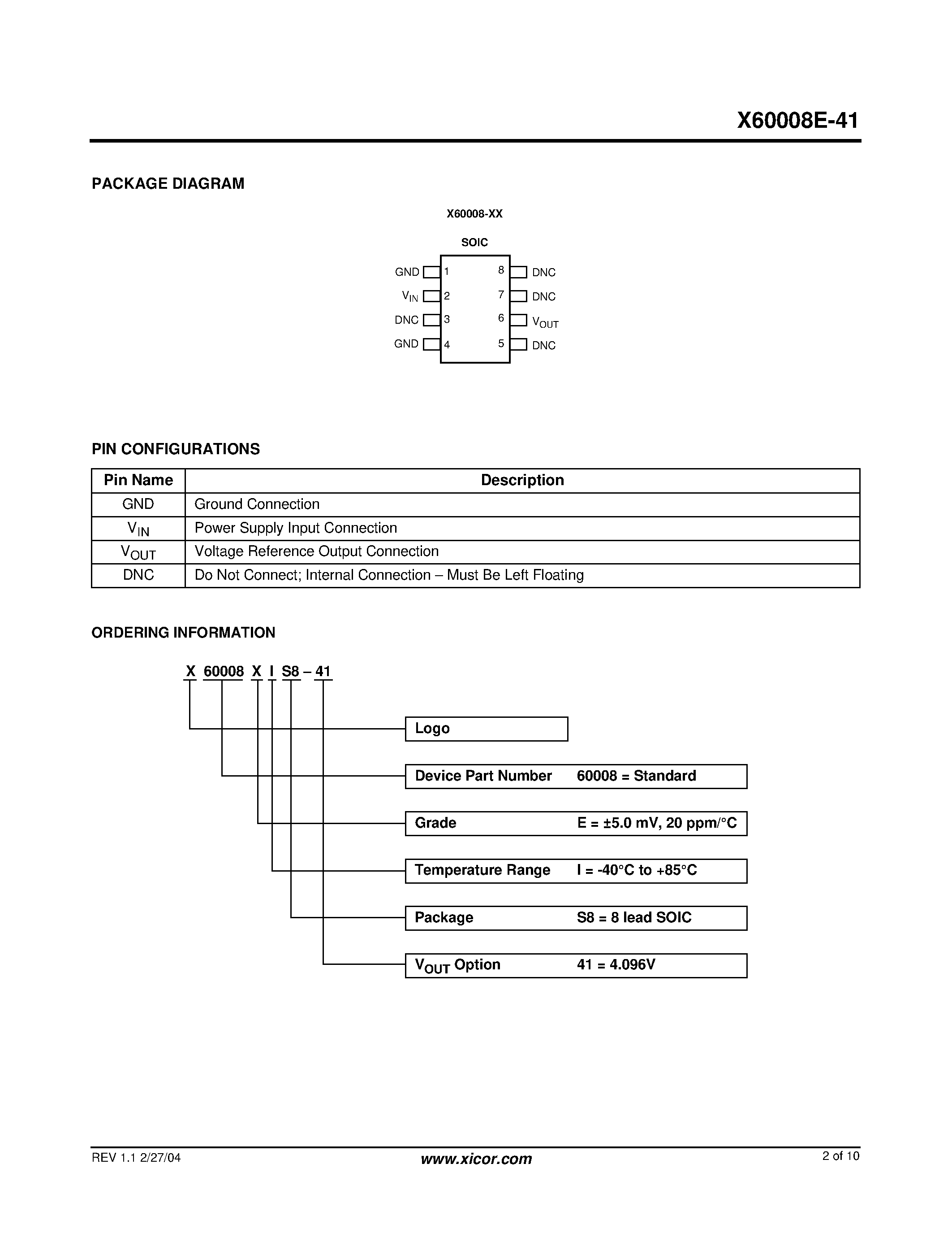 Datasheet X60008E-41 - Precison 4.096V FGA Voltage Reference page 2