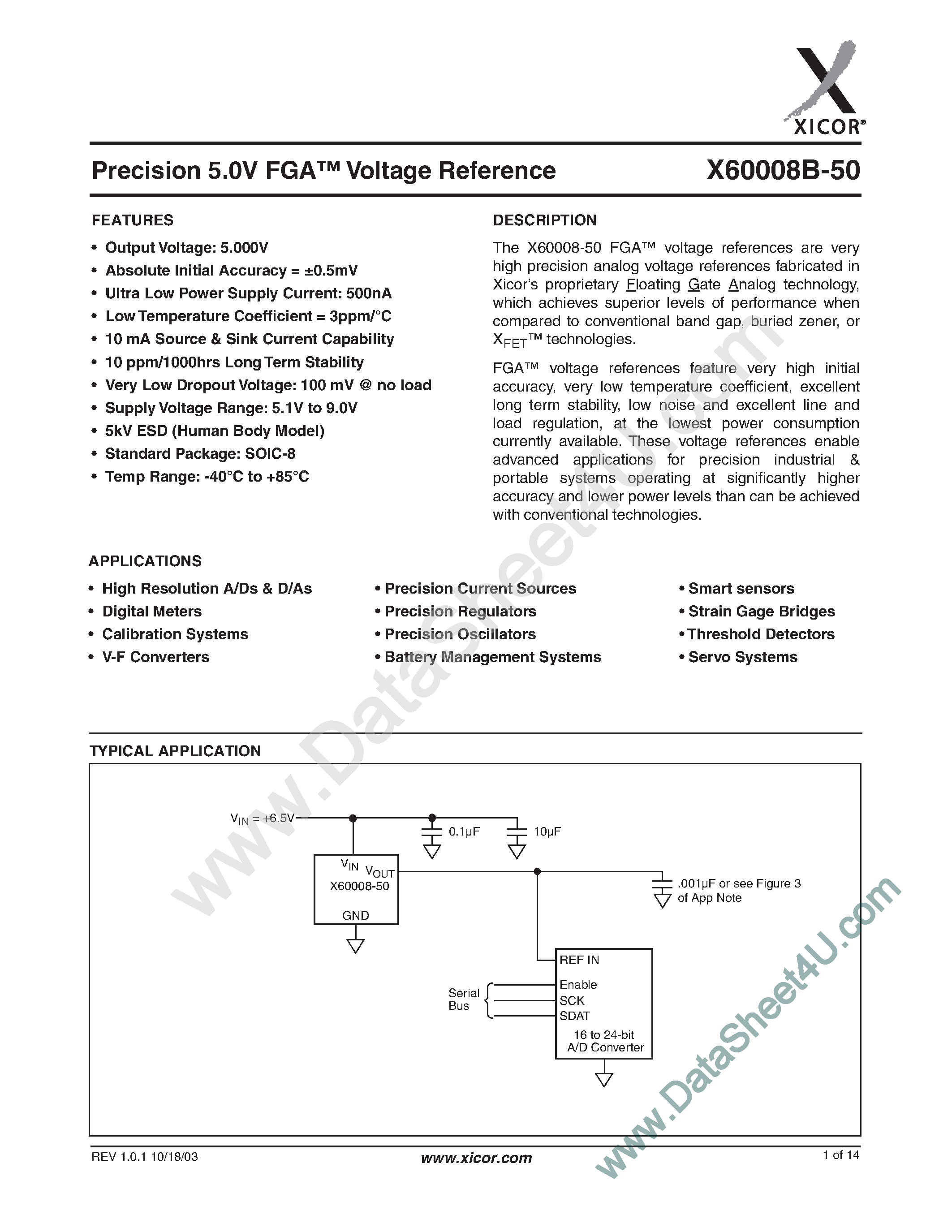 Datasheet X60008B-50 - Precison 5.0V FGA Voltage Reference page 1