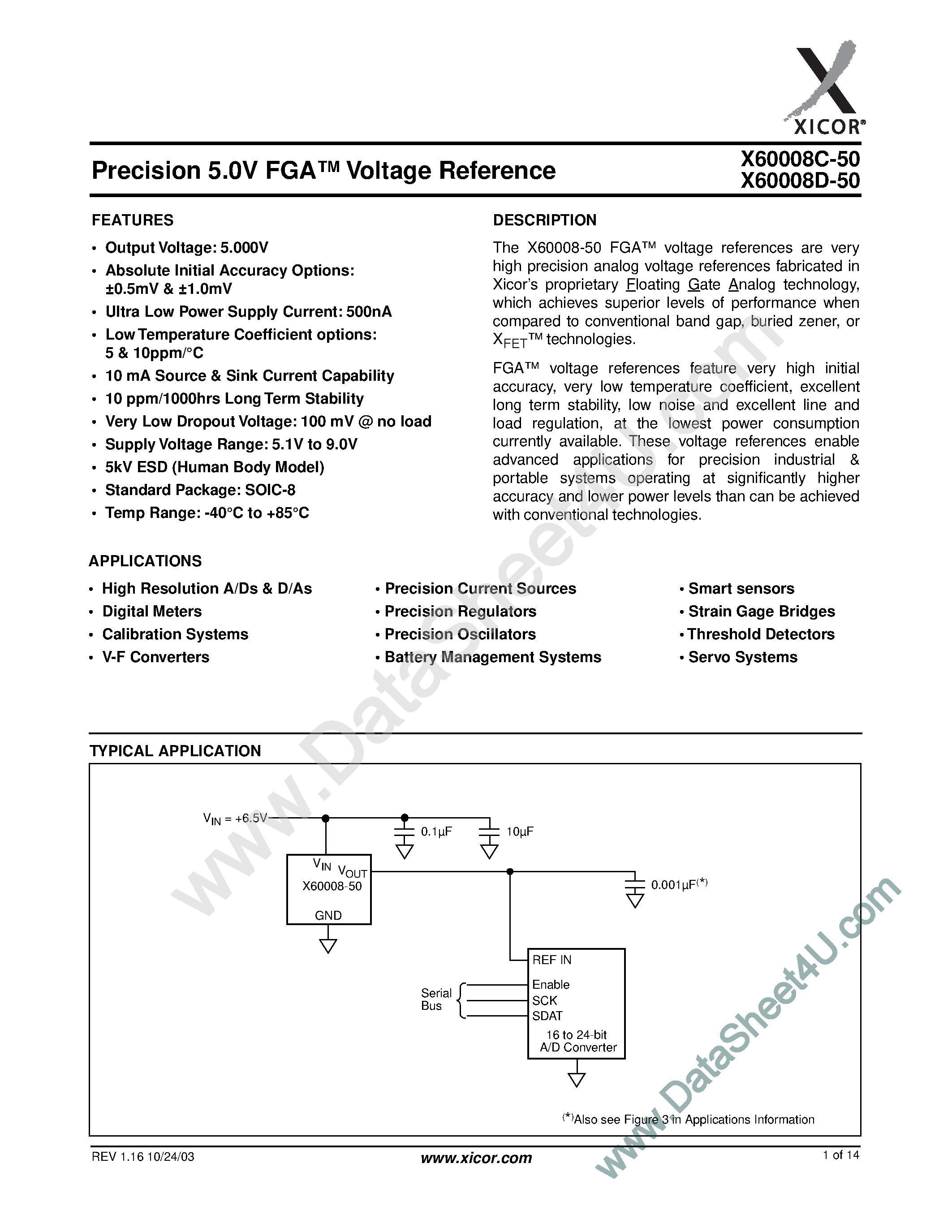 Datasheet X60008C-50 - (X60008x-50) Precison 5.0V FGA Voltage Reference page 1