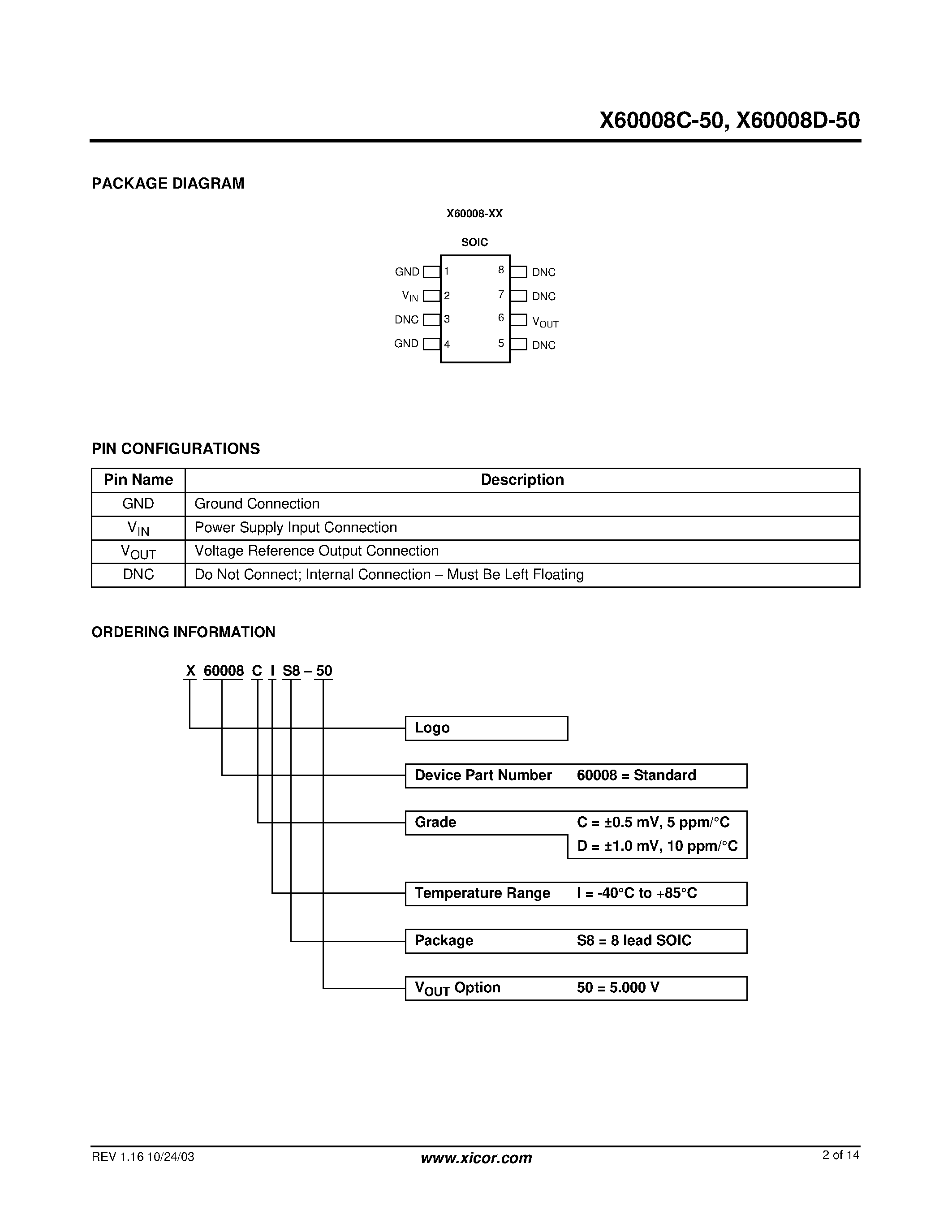 Datasheet X60008C-50 - (X60008x-50) Precison 5.0V FGA Voltage Reference page 2