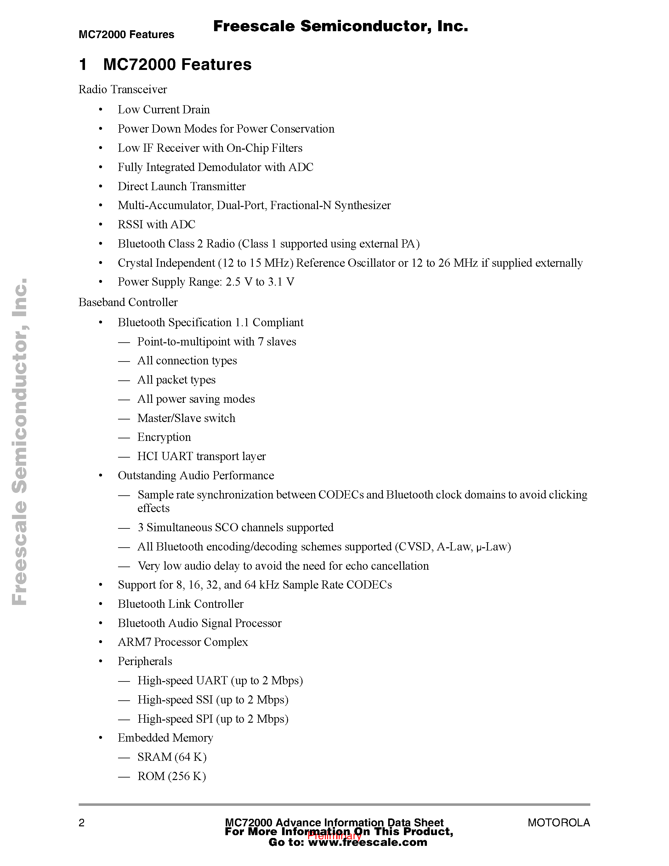 Даташит MC72000 - Integrated Bluetooth Radio страница 2