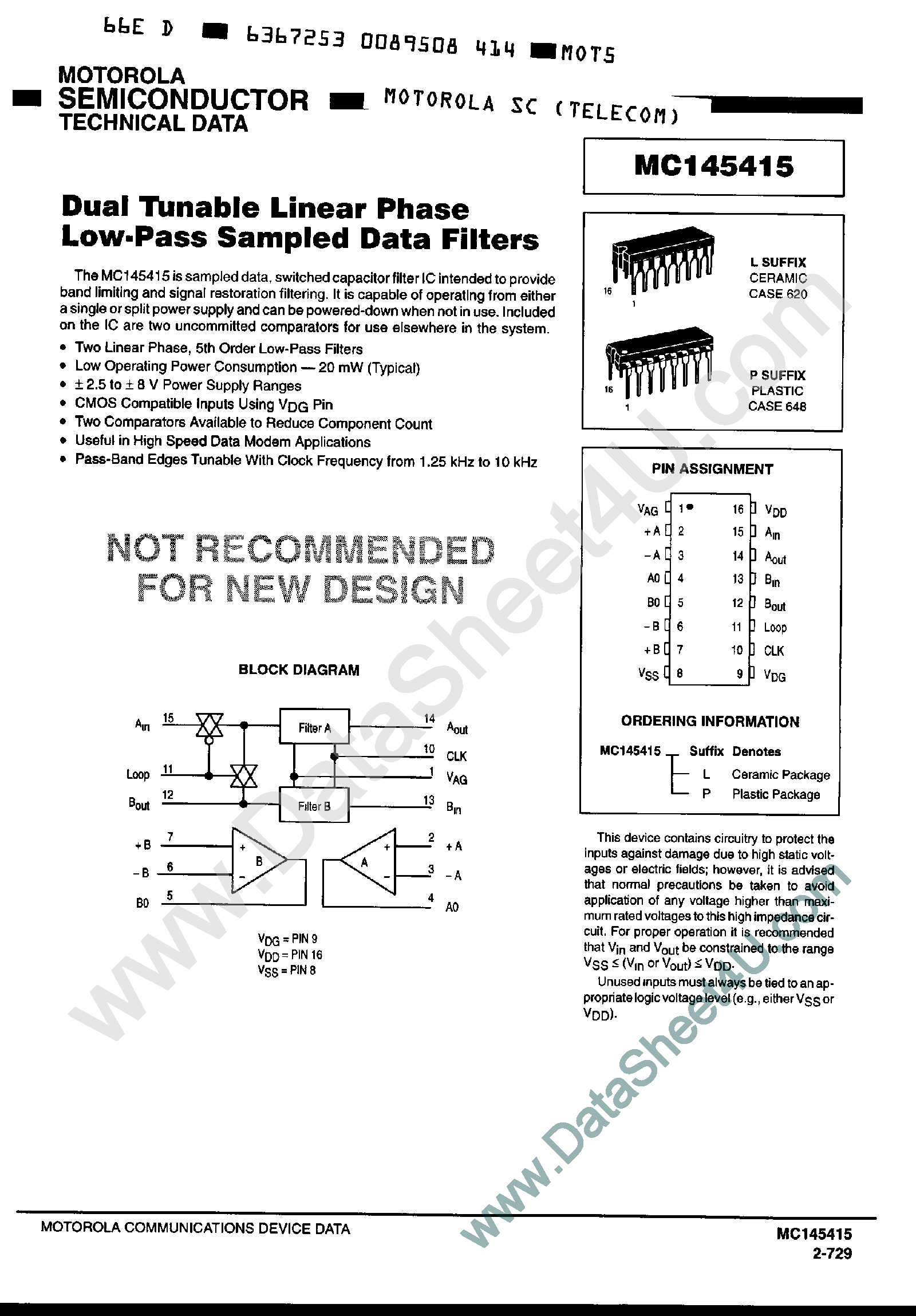 Даташит MC145415 - Dual Tunable Linear Phase Low Pass Sampled Data Filters страница 1