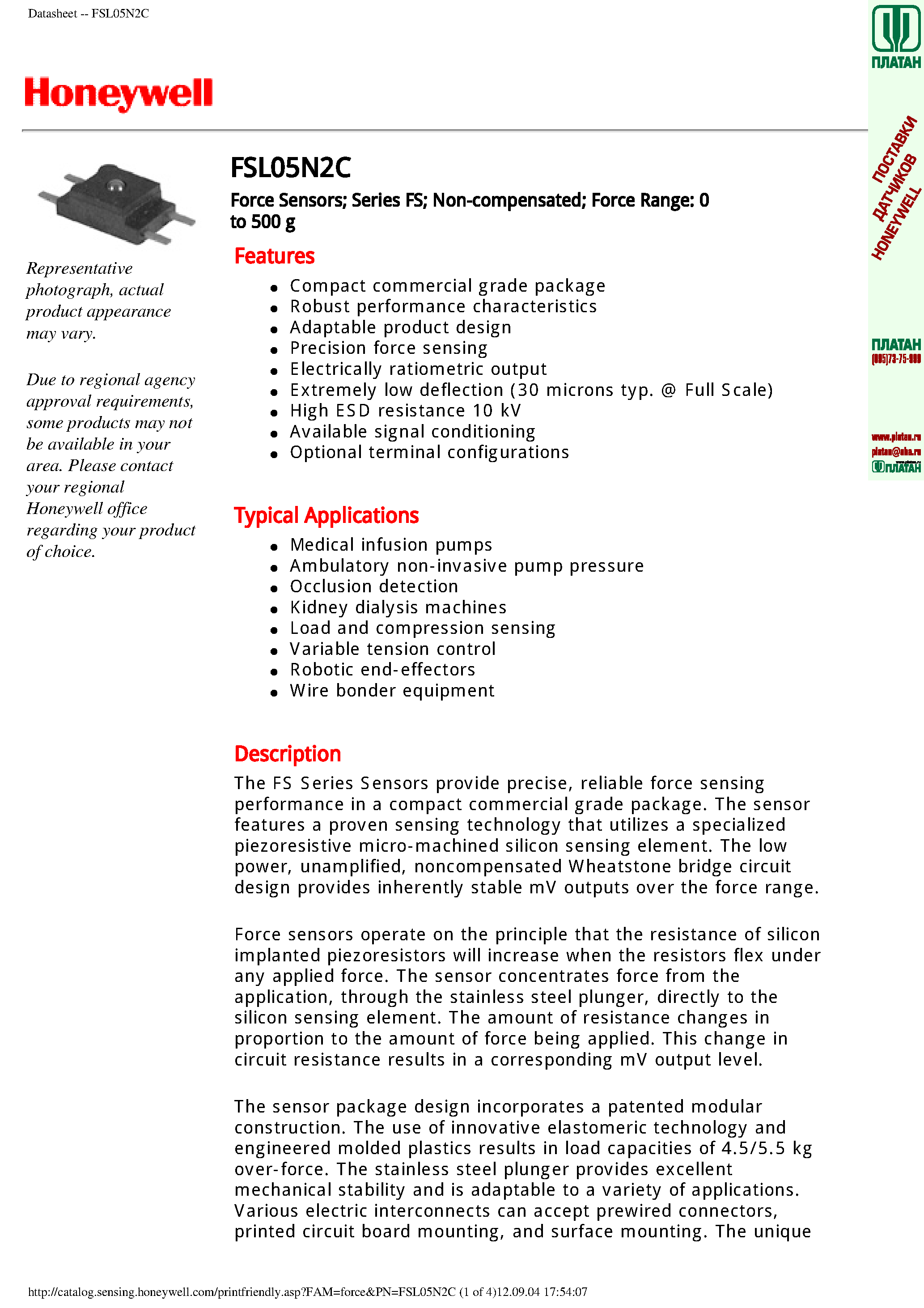 Даташит FSL05N2C - Force Sensors Series FS Non-compensated Force Range 0 to 500 g страница 1