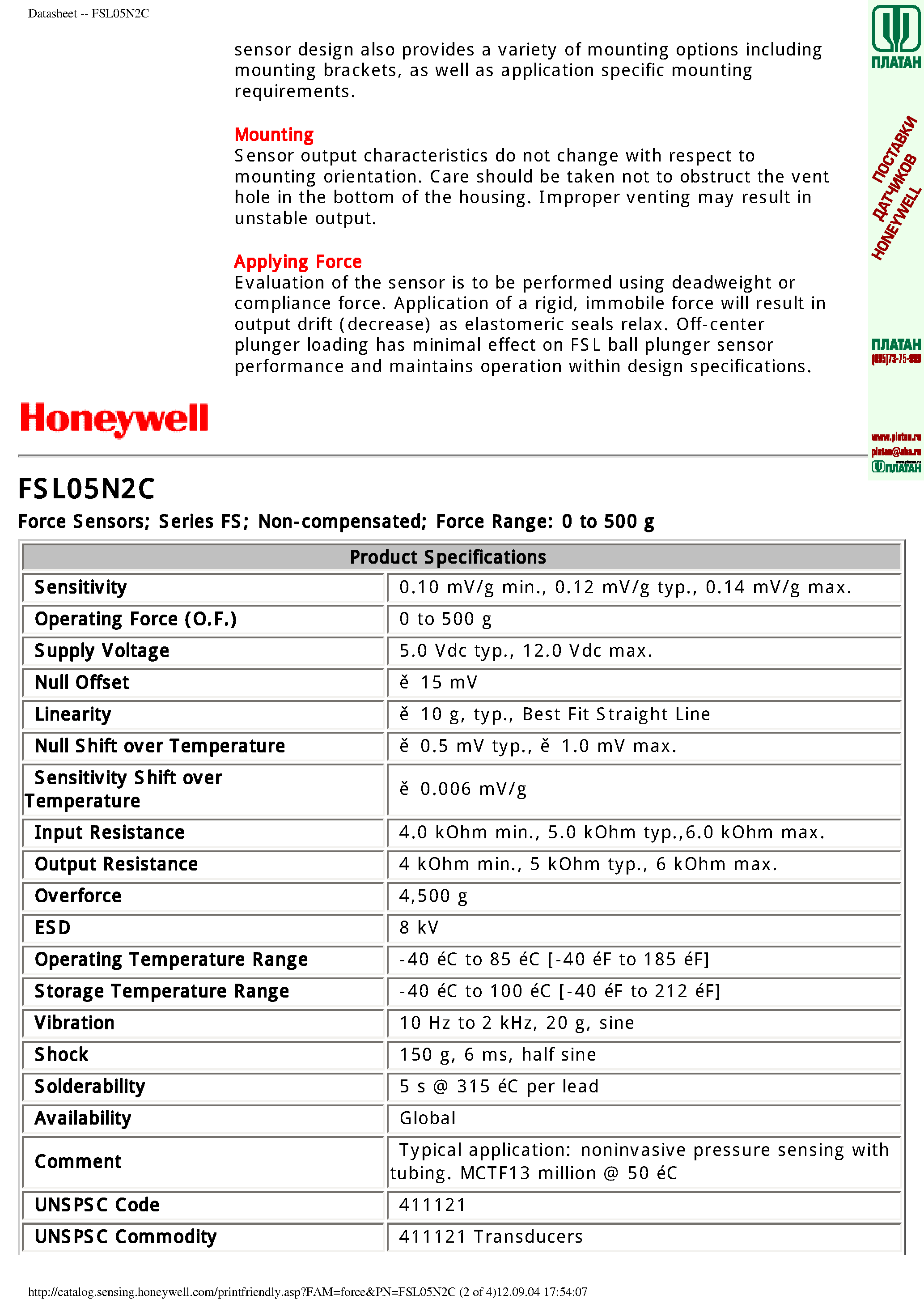 Даташит FSL05N2C - Force Sensors Series FS Non-compensated Force Range 0 to 500 g страница 2