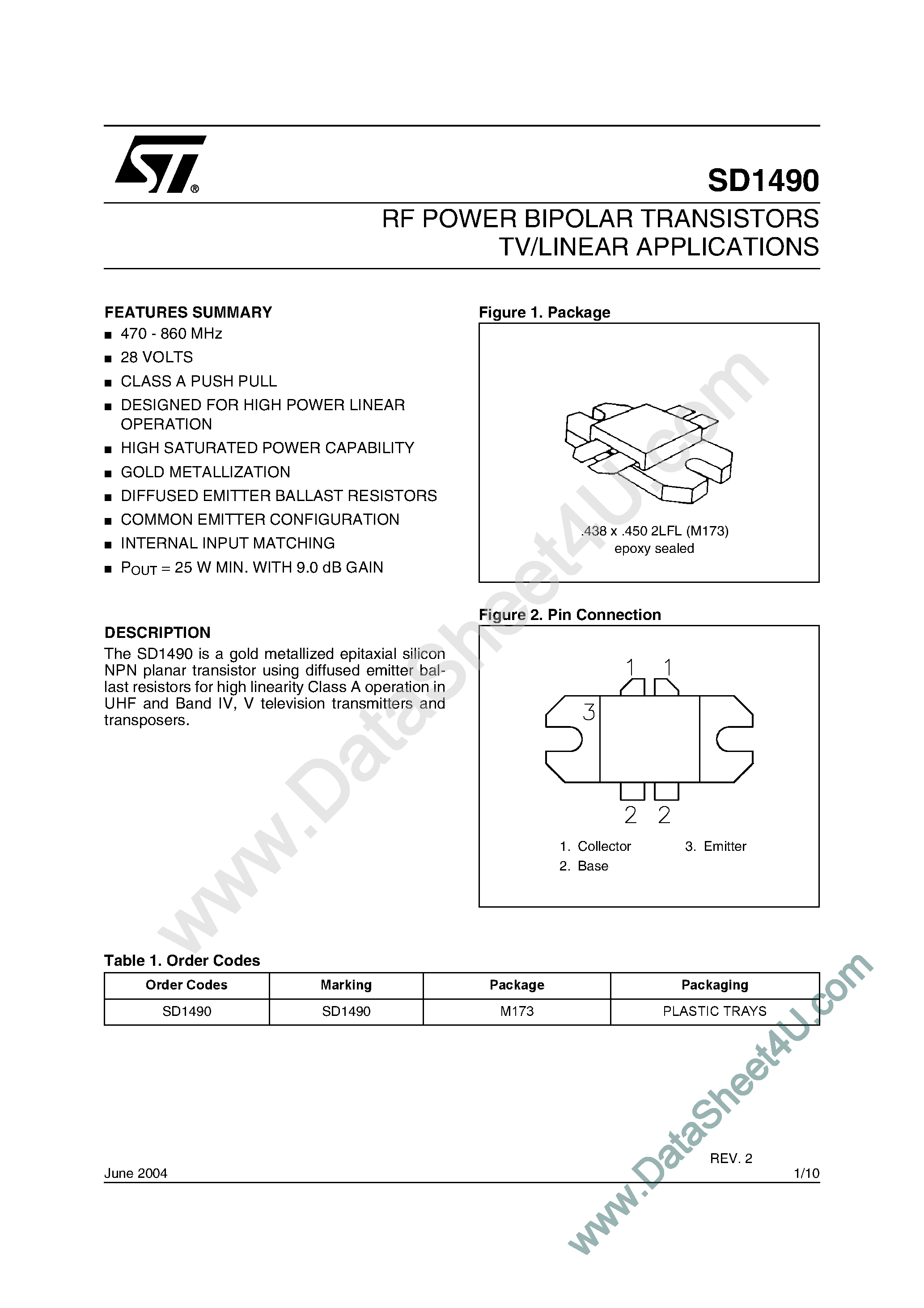 Datasheet SD1490 - RF & MICROWAVE TRANSISTORS TV/LINEAR APPLICATIONS page 1