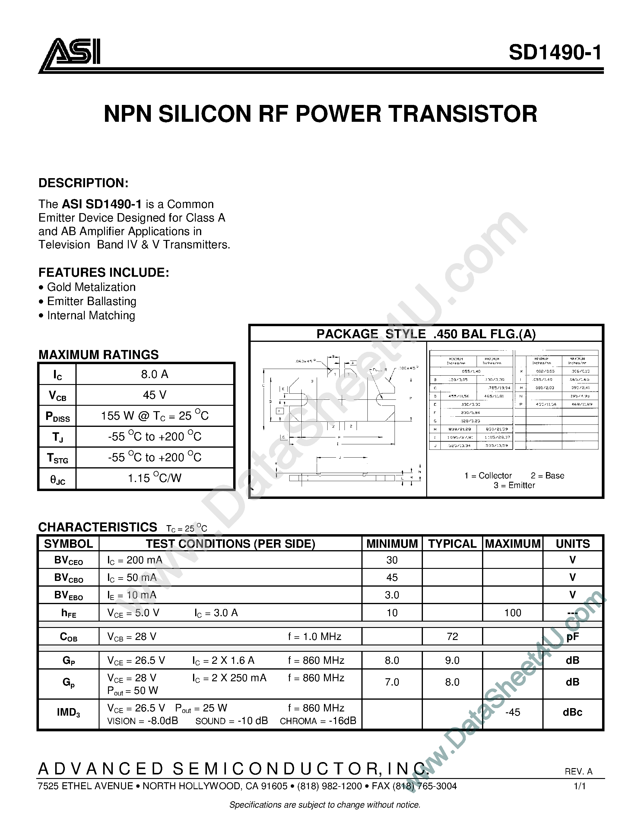 Datasheet SD1490-1 - NPN Silicon RF Power Transistor page 1