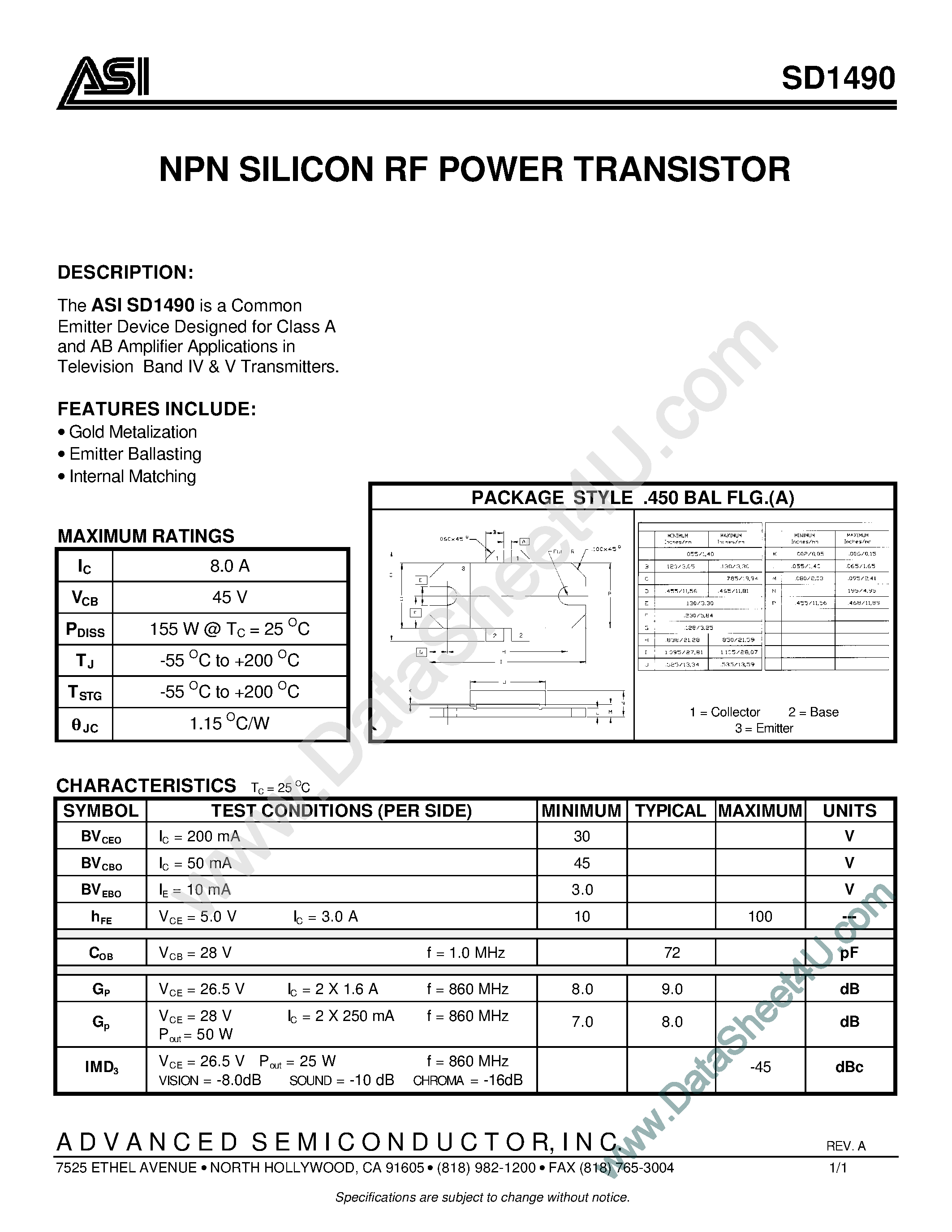 Datasheet SD1490 - NPN Silicon RF Power Transistor page 1