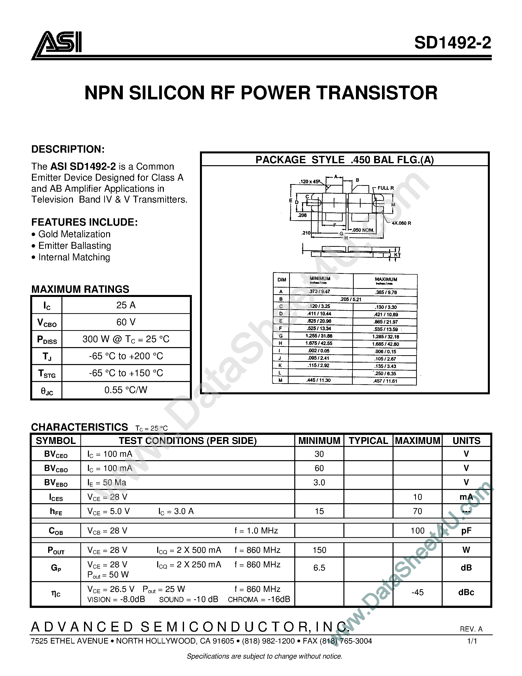 Datasheet SD1492-2 - NPN Silicon RF Power Transistor page 1