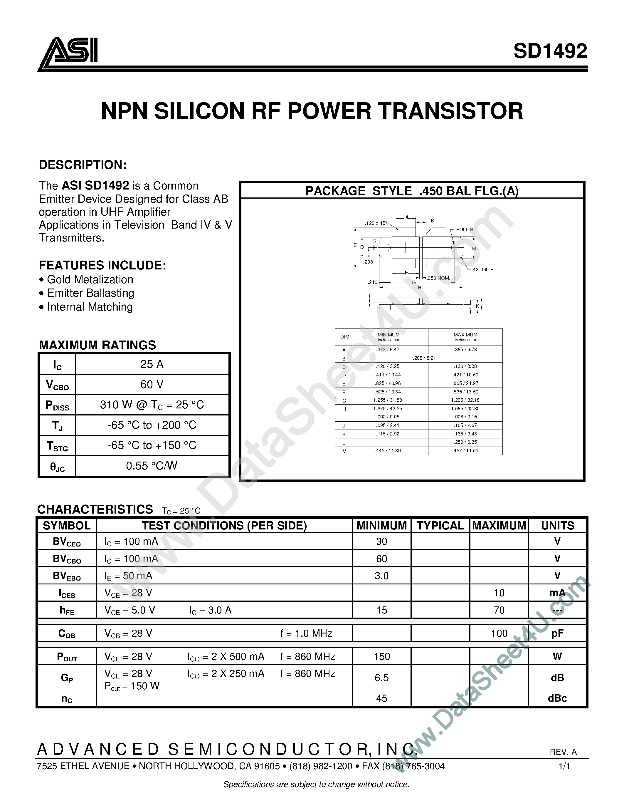 Datasheet SD1492 - NPN Silicon RF Power Transistor page 1