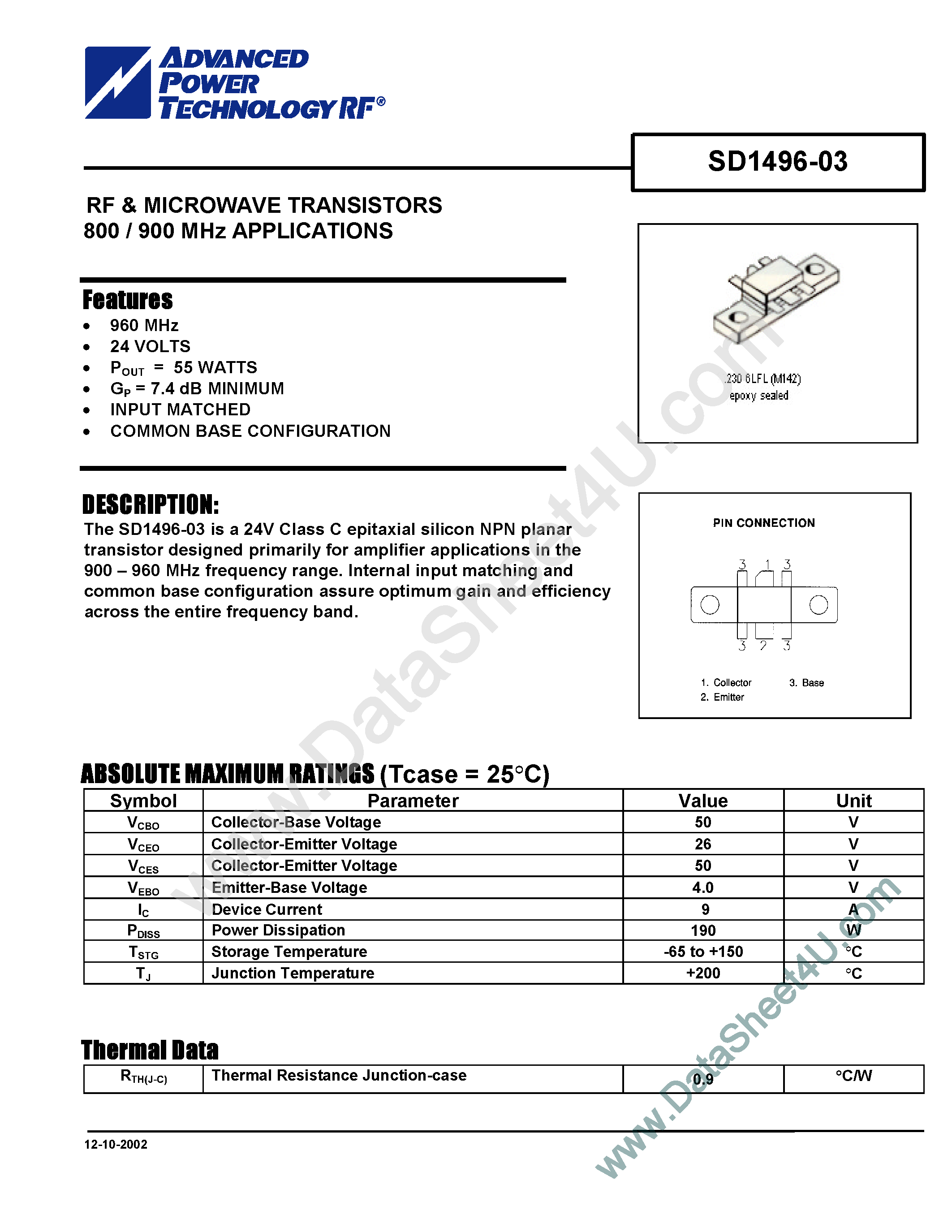 Datasheet SD1496-03 - RF & Microwave Transistors page 1