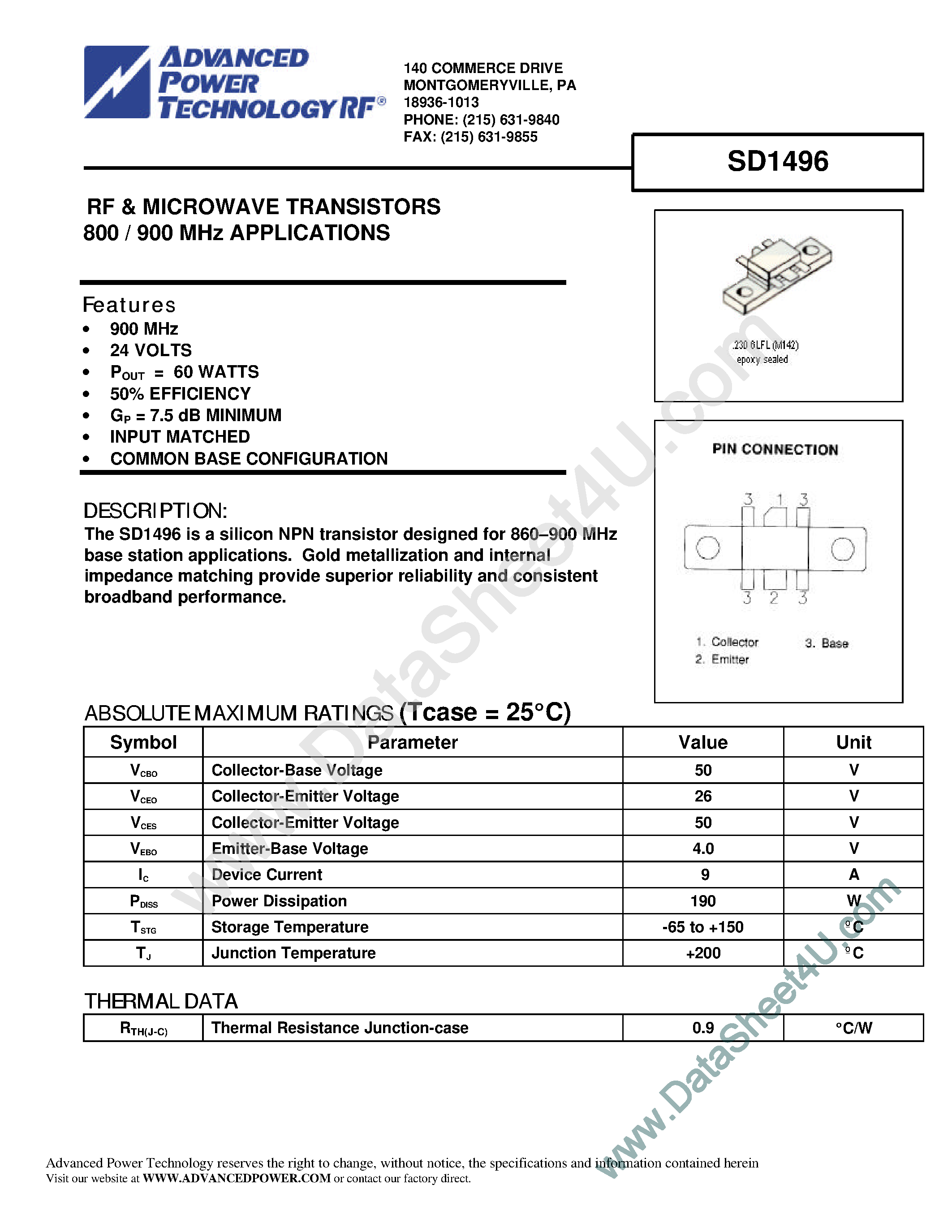 Datasheet SD1496 - RF & Microwave Transistors page 1