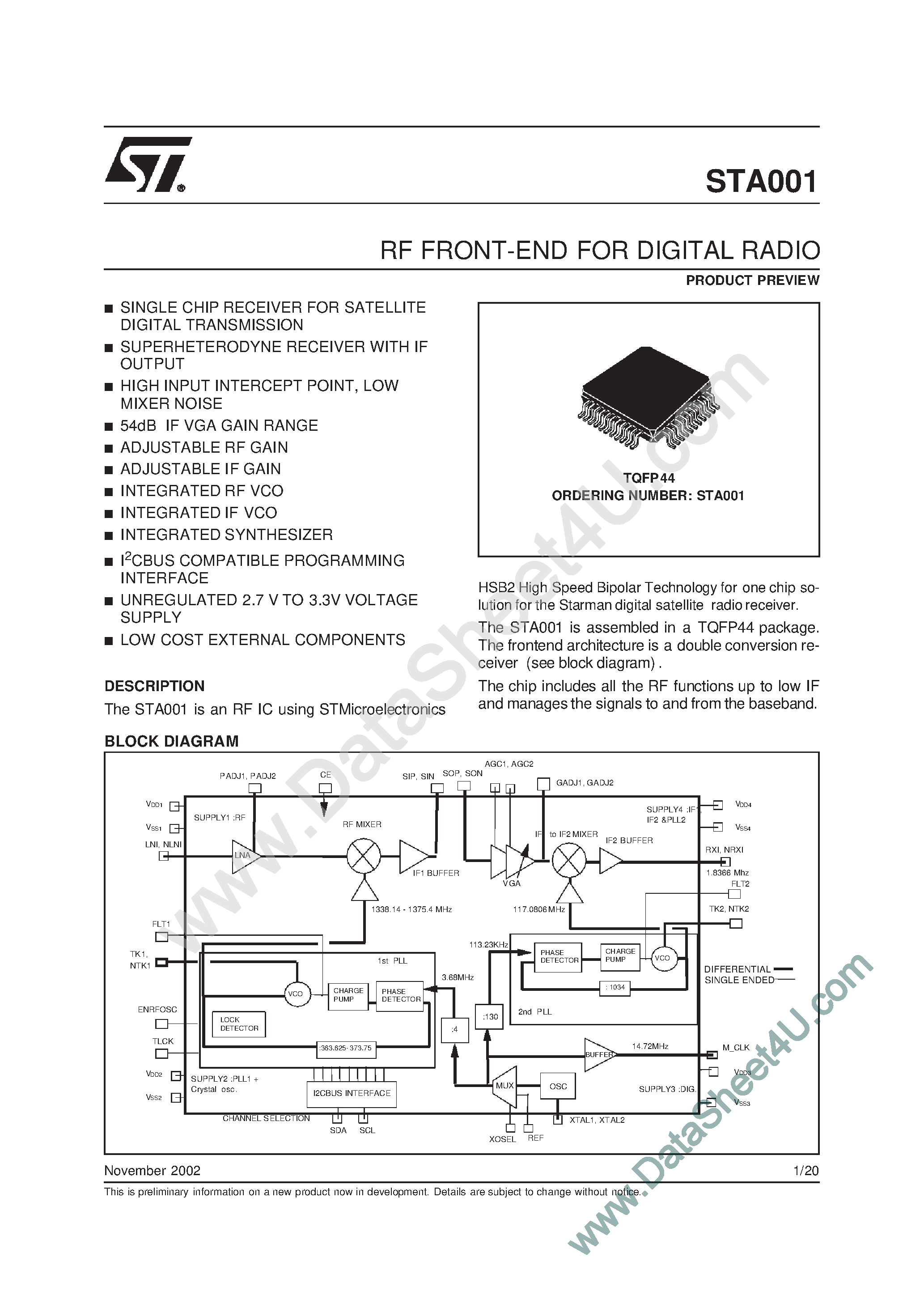 Datasheet STA001 - RF FRONT-END FOR DIGITAL RADIO page 1