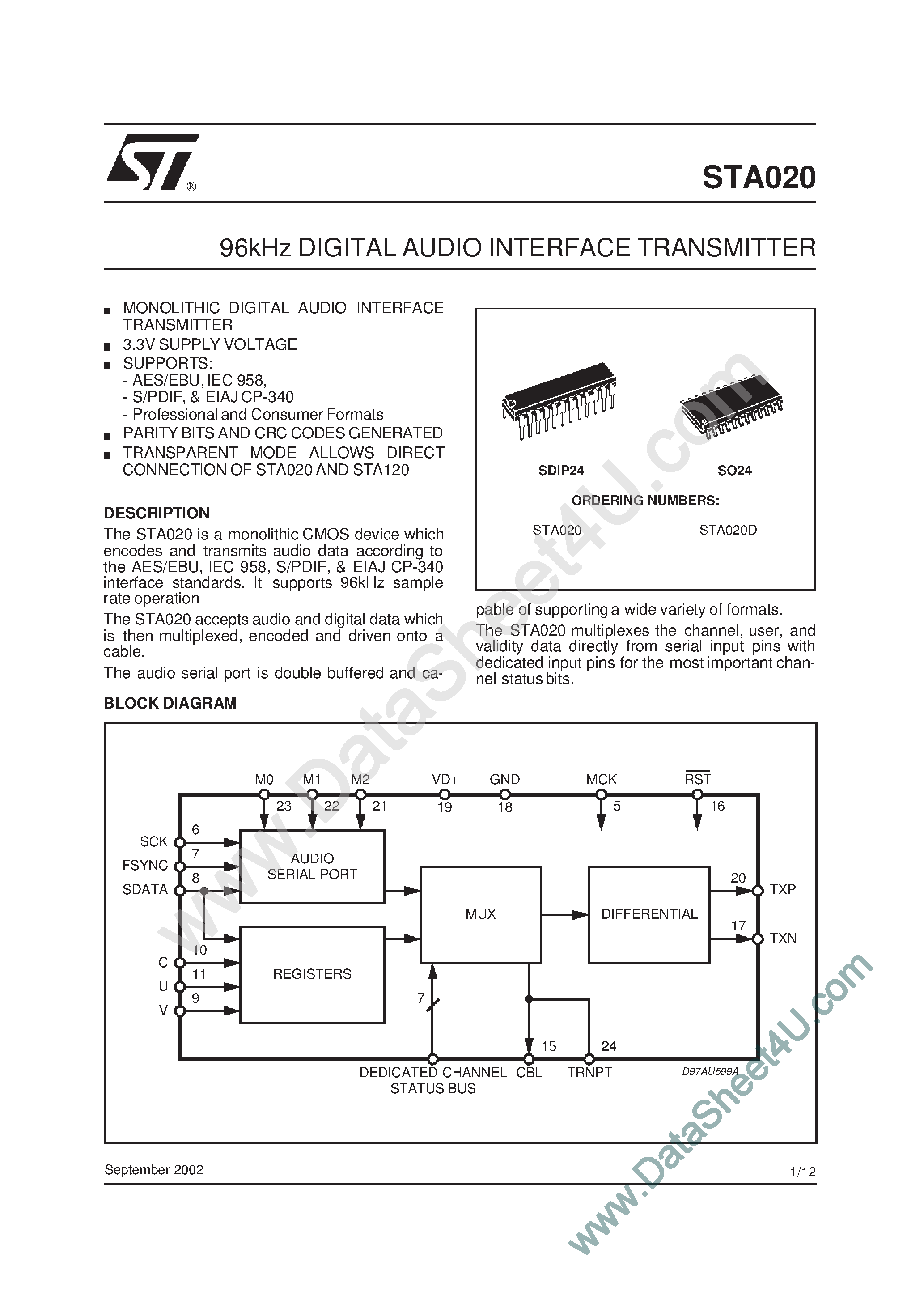 Даташит STA020 - 96kHz DIGITAL AUDIO INTERFACE TRANSMITTER страница 1