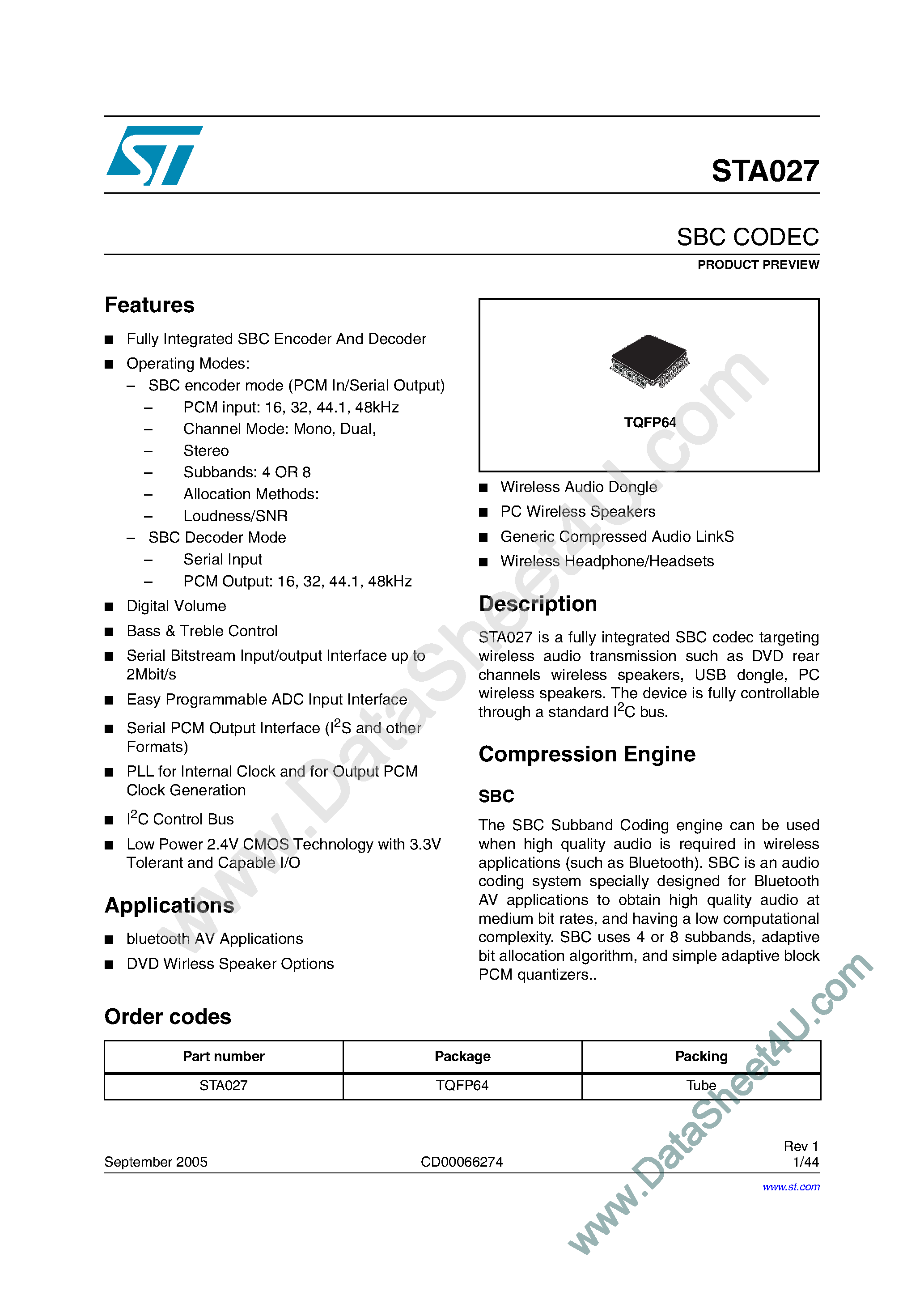 Даташит STA027 - SBC Codec страница 1