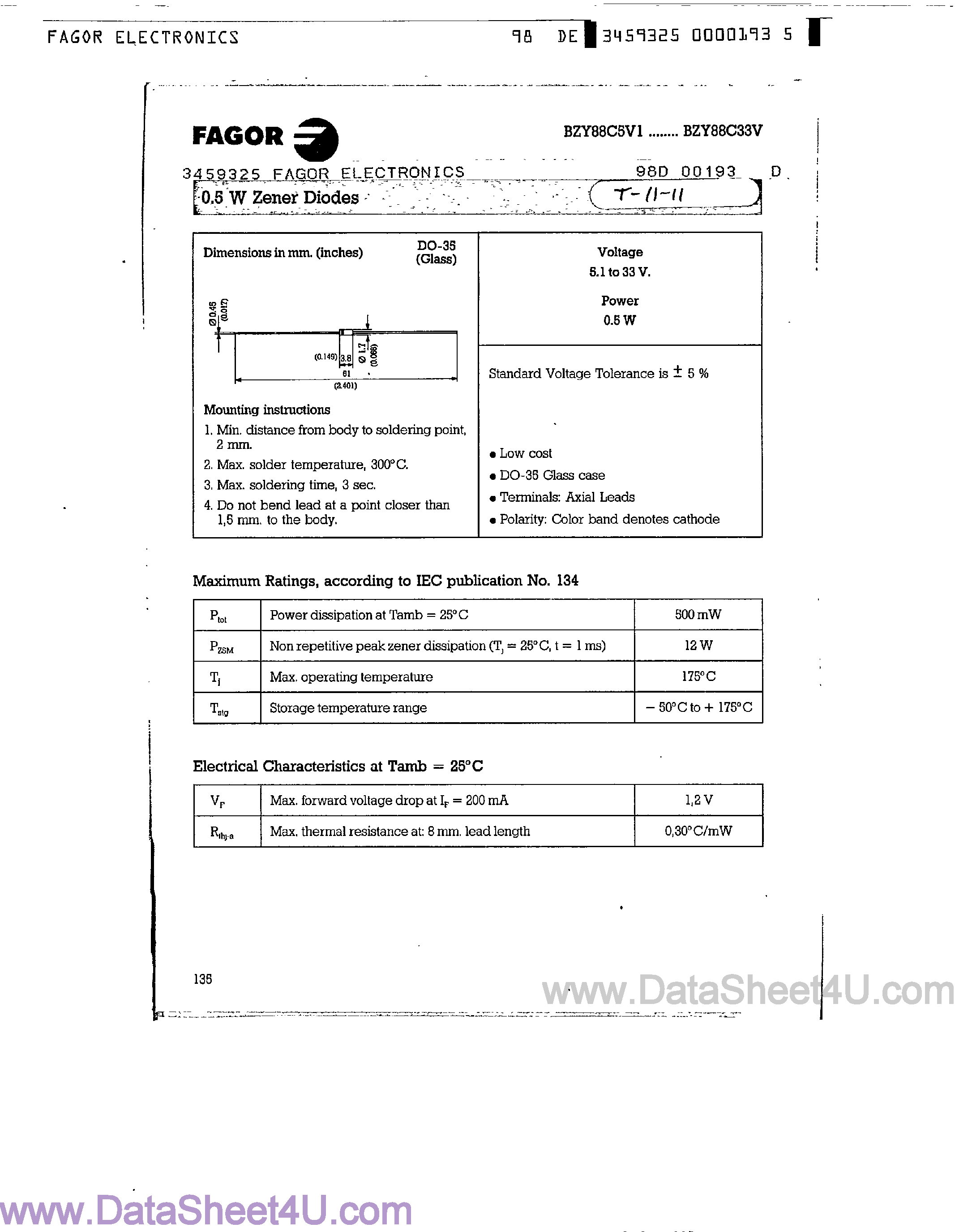 Даташит BZY88C5V1 - (BZY88C5V1 - BZY88C33V) 0.5 W Zener Diodes страница 1