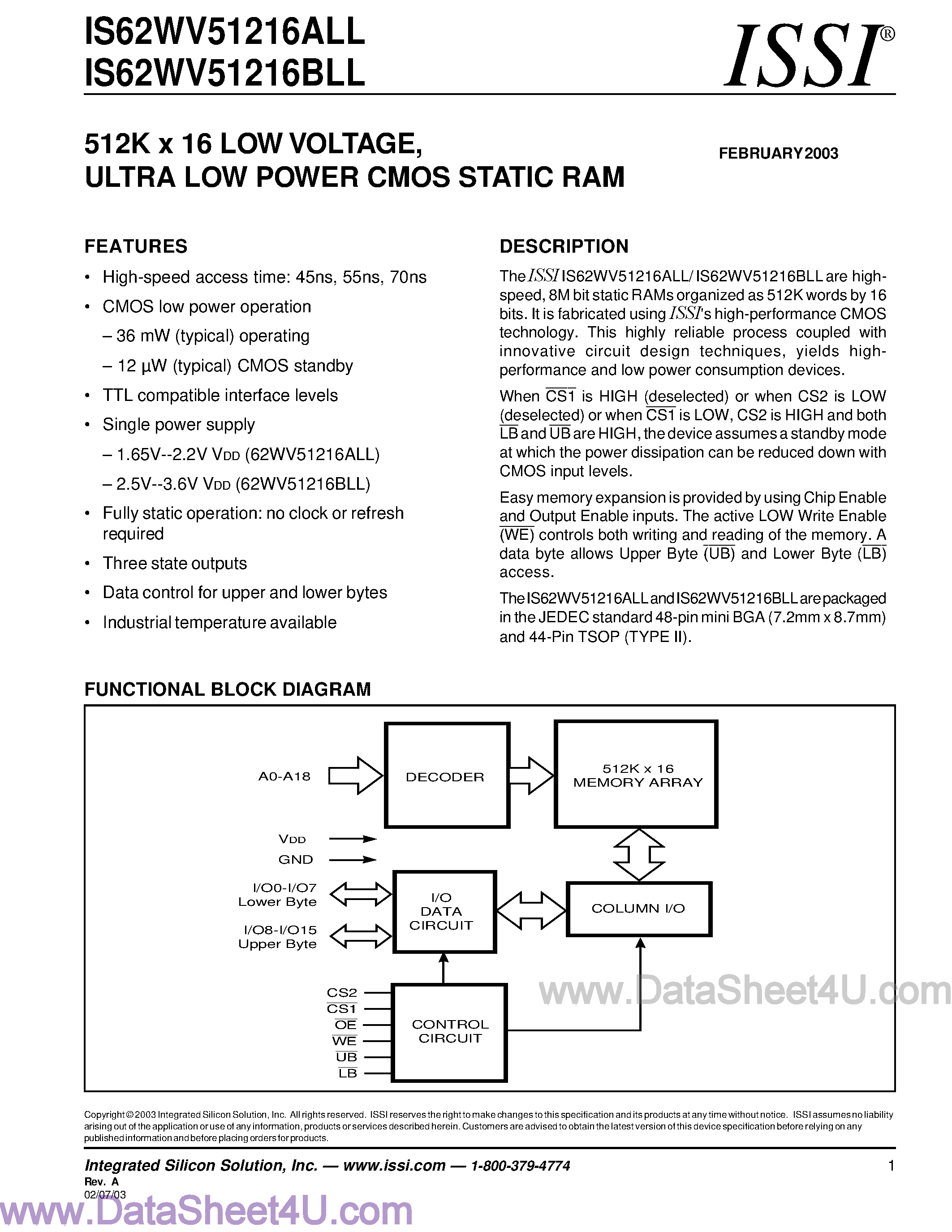 Datasheet IS62WV51216ALL - (IS62WV51216A(B)LL) 512K x 16 Low Voltage / Ultra Low Power CMOS SRAM page 1