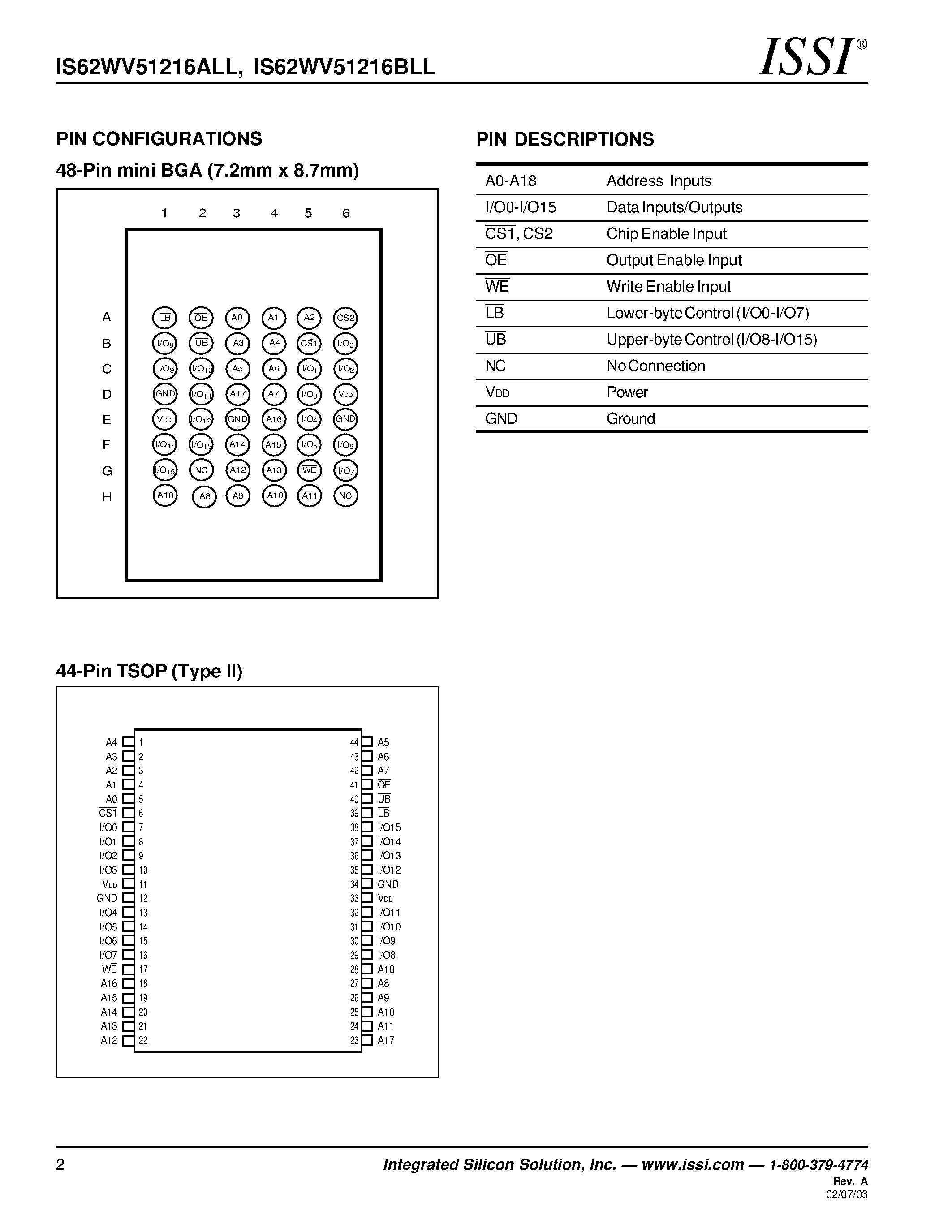 Datasheet IS62WV51216ALL - (IS62WV51216A(B)LL) 512K x 16 Low Voltage / Ultra Low Power CMOS SRAM page 2