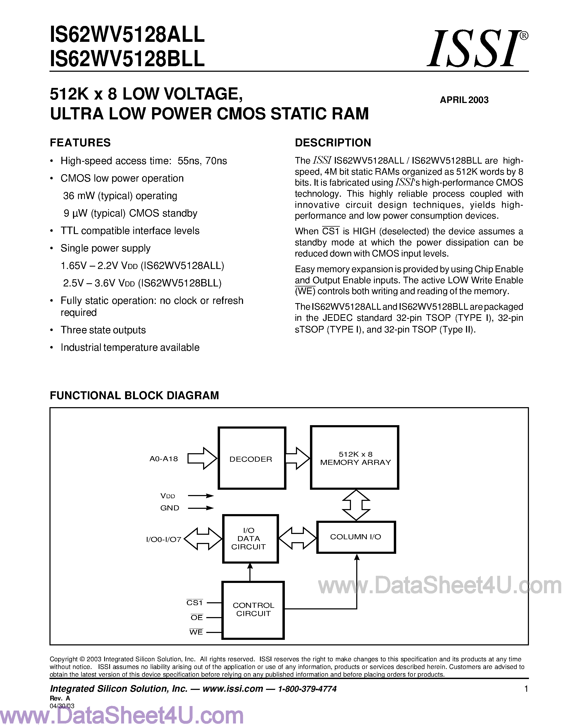 Datasheet IS62WV5128ALL - (IS62WV5128A(B)LL) 512K x 16 Low Voltage / Ultra Low Power CMOS SRAM page 1