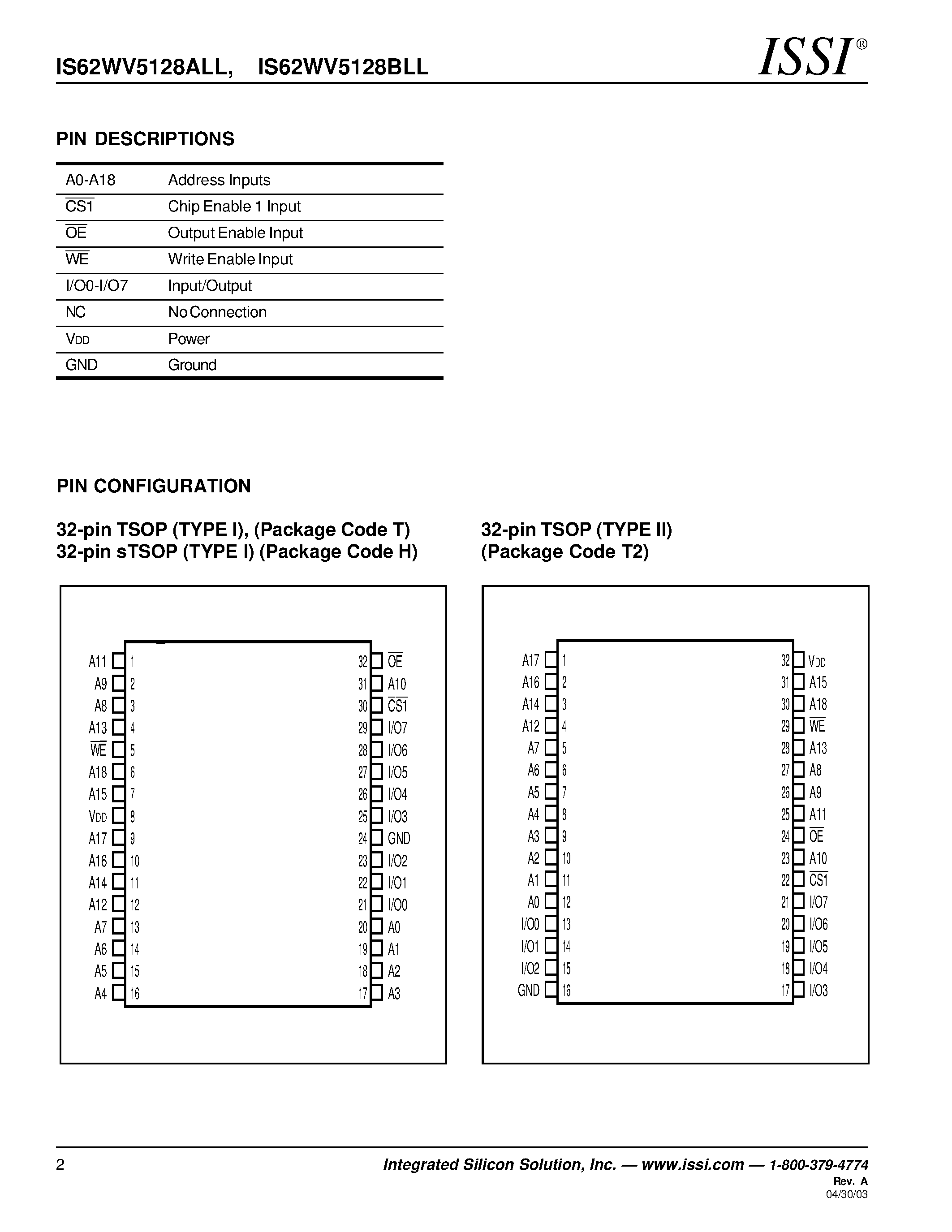 Datasheet IS62WV5128ALL - (IS62WV5128A(B)LL) 512K x 16 Low Voltage / Ultra Low Power CMOS SRAM page 2