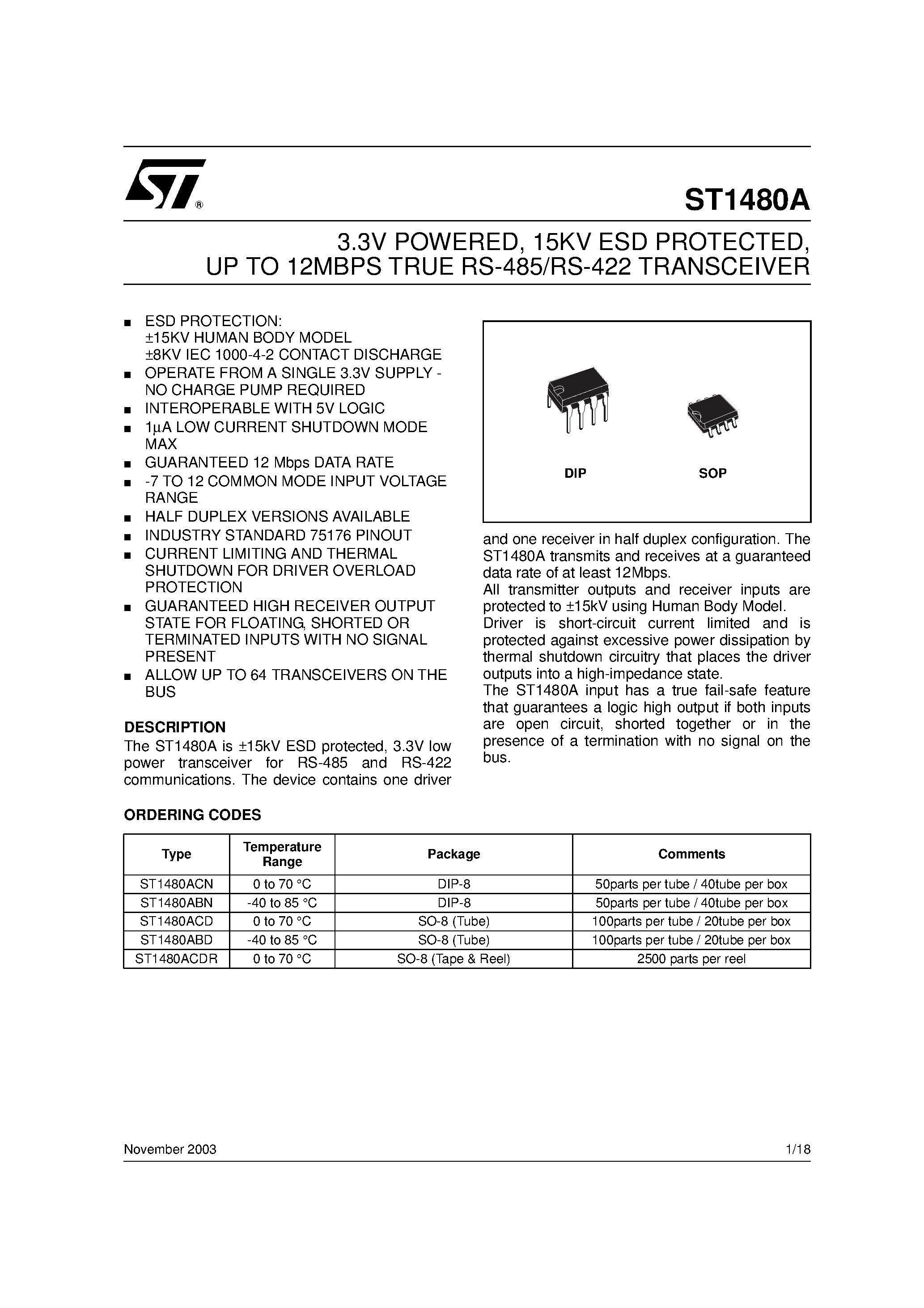 Datasheet ST1480A - TRASMIT AT UP TO 12MBPS TRUE RS-485/RS-422 TRANSCEIVER page 1