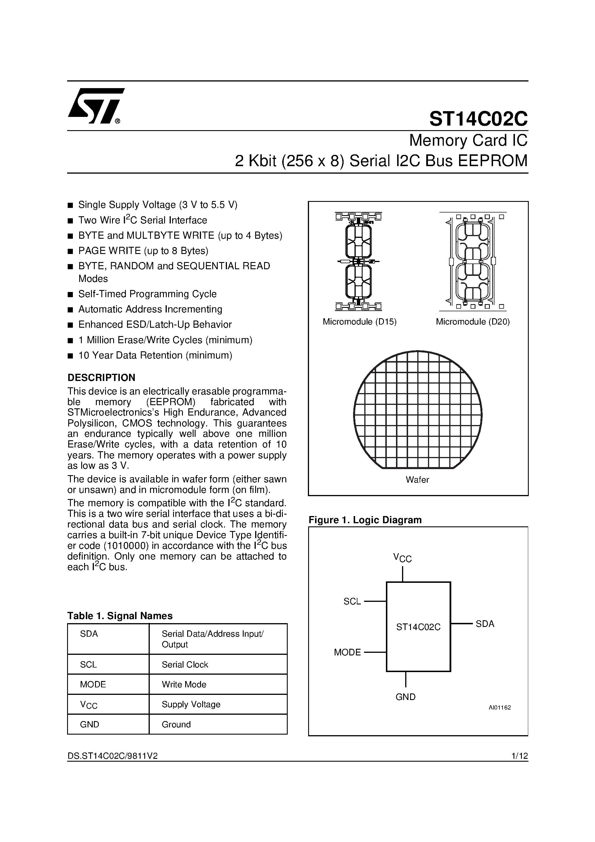 Datasheet ST14C02C - Memory Card IC 2 Kbit 256 x 8 Serial I2C Bus EEPROM page 1