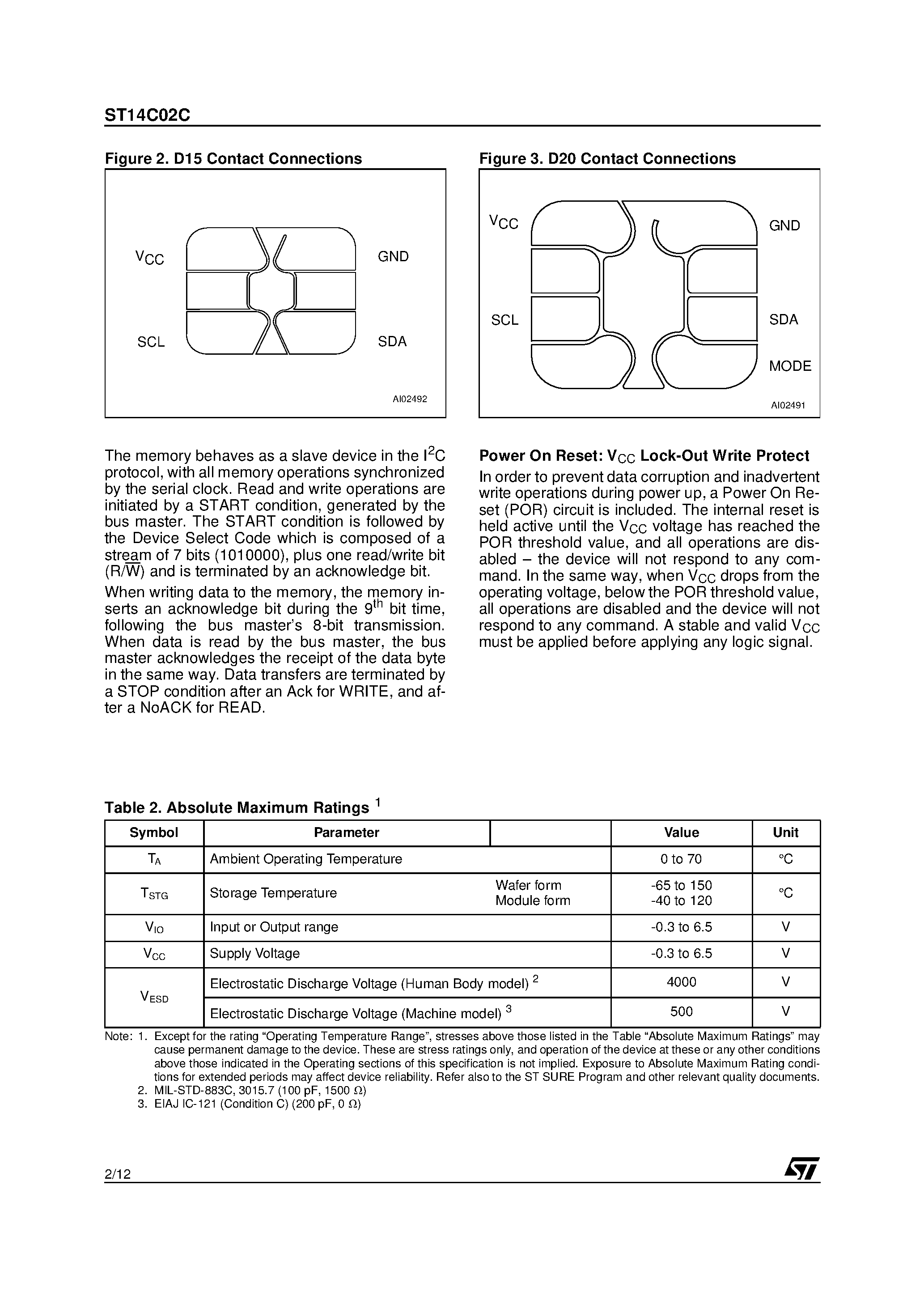 Datasheet ST14C02C - Memory Card IC 2 Kbit 256 x 8 Serial I2C Bus EEPROM page 2