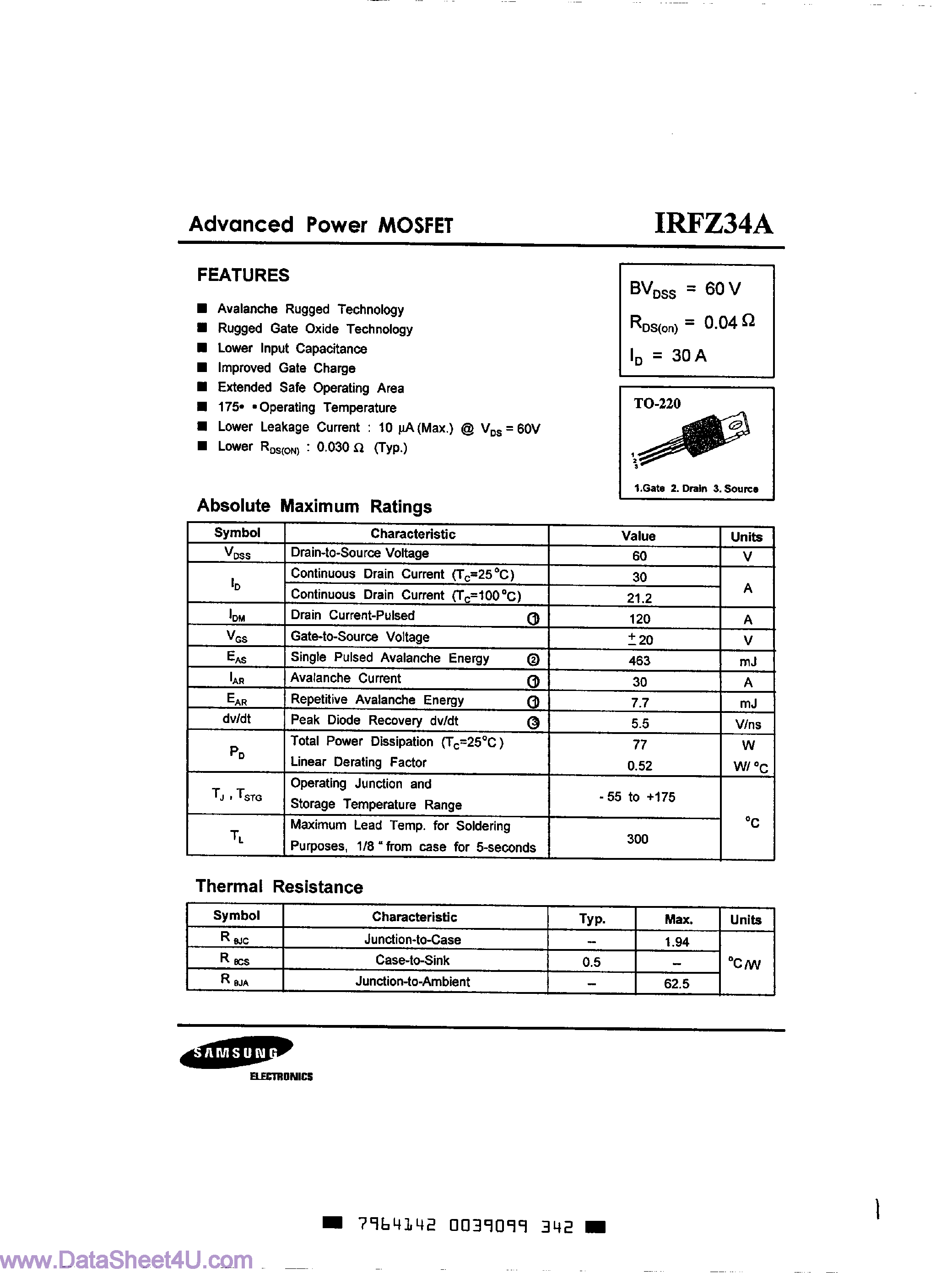 Даташит IRFZ34A - Power MOSFET страница 1