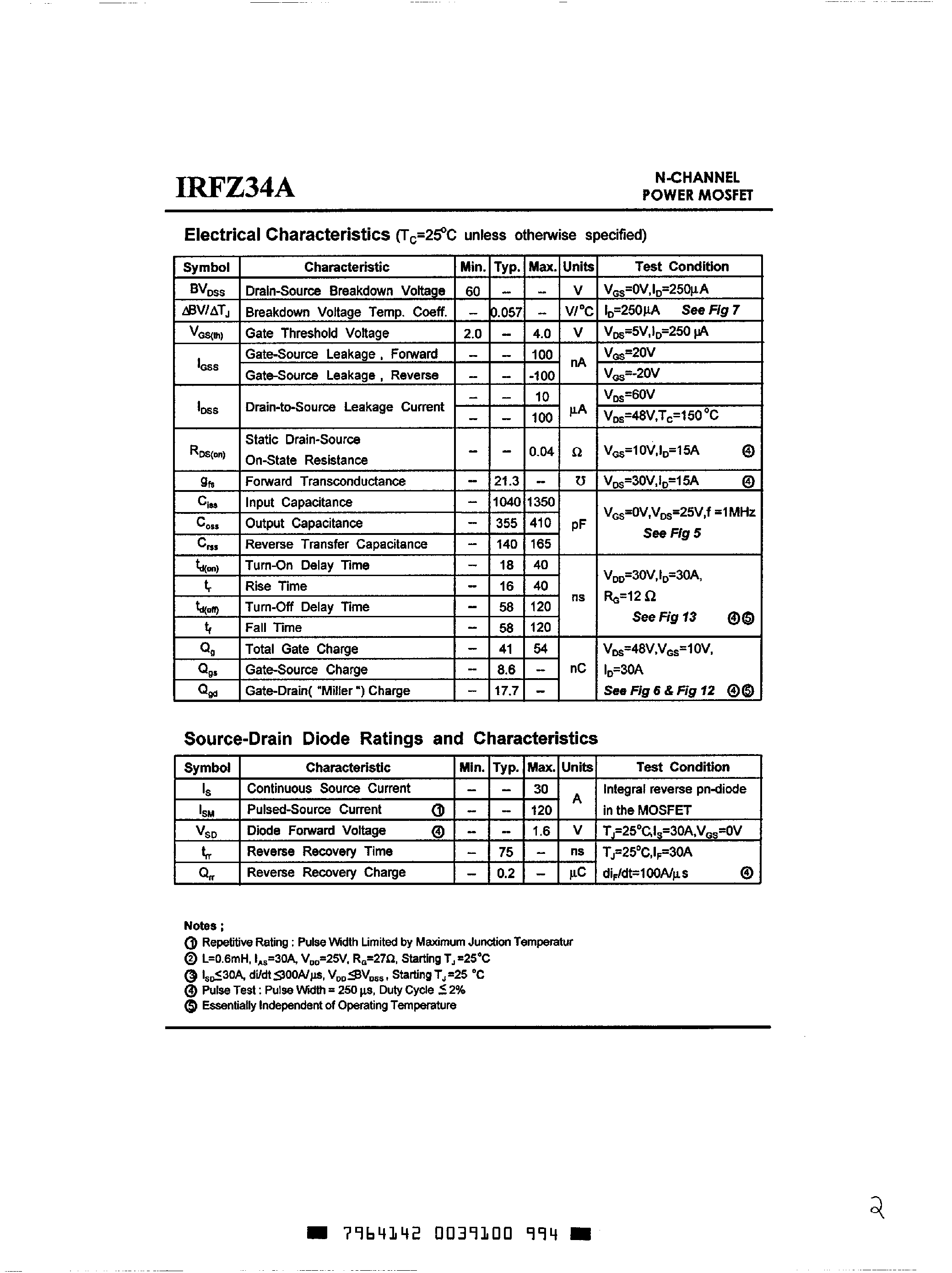 Даташит IRFZ34A - Power MOSFET страница 2