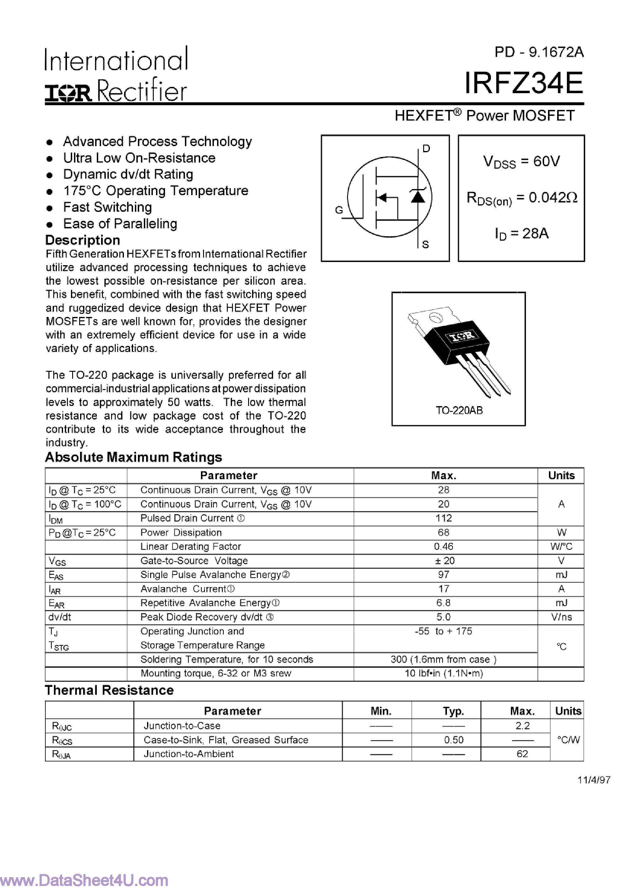 Даташит IRFZ34E - HEXFET POWER MOSFET страница 1