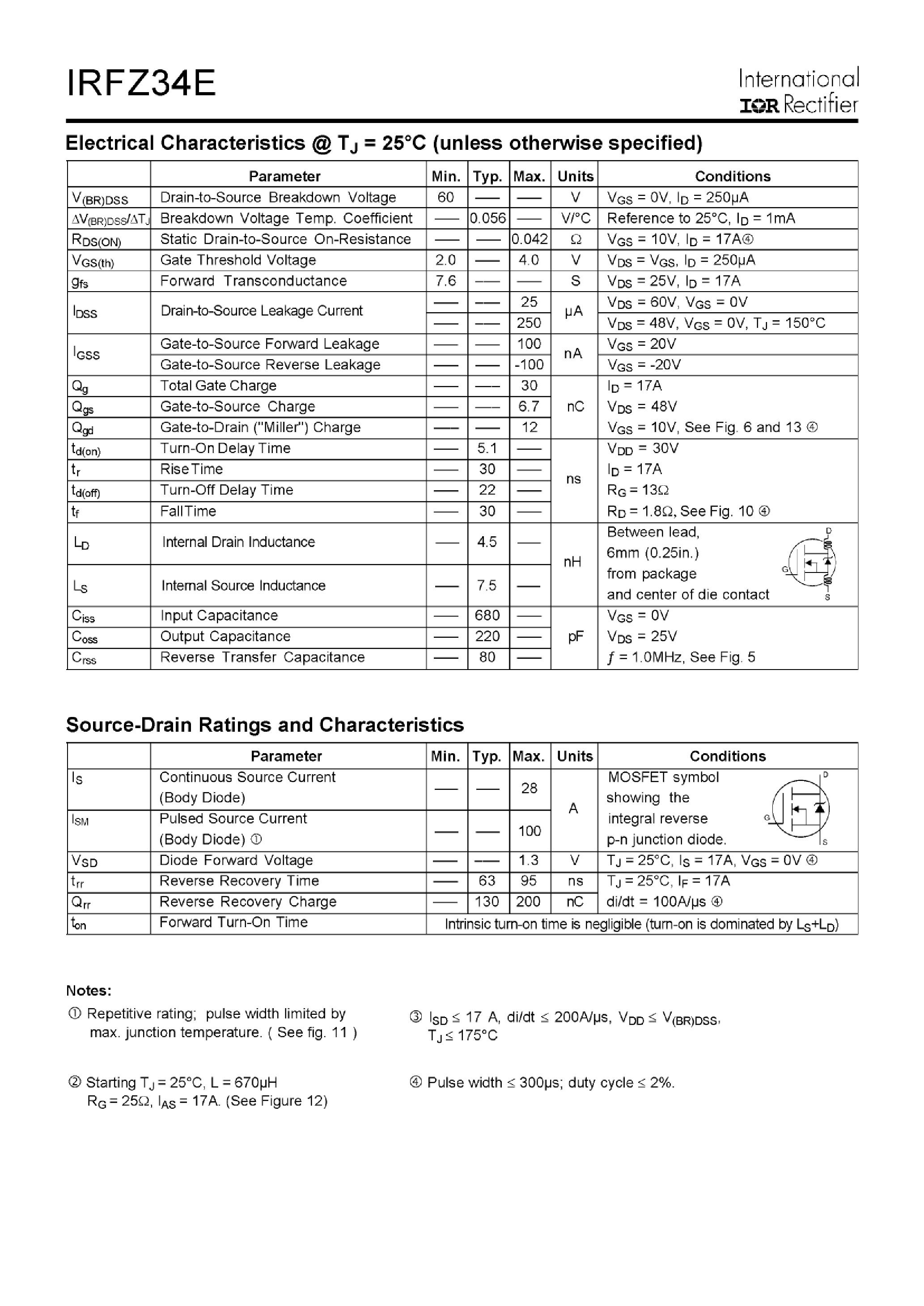 Даташит IRFZ34E - HEXFET POWER MOSFET страница 2