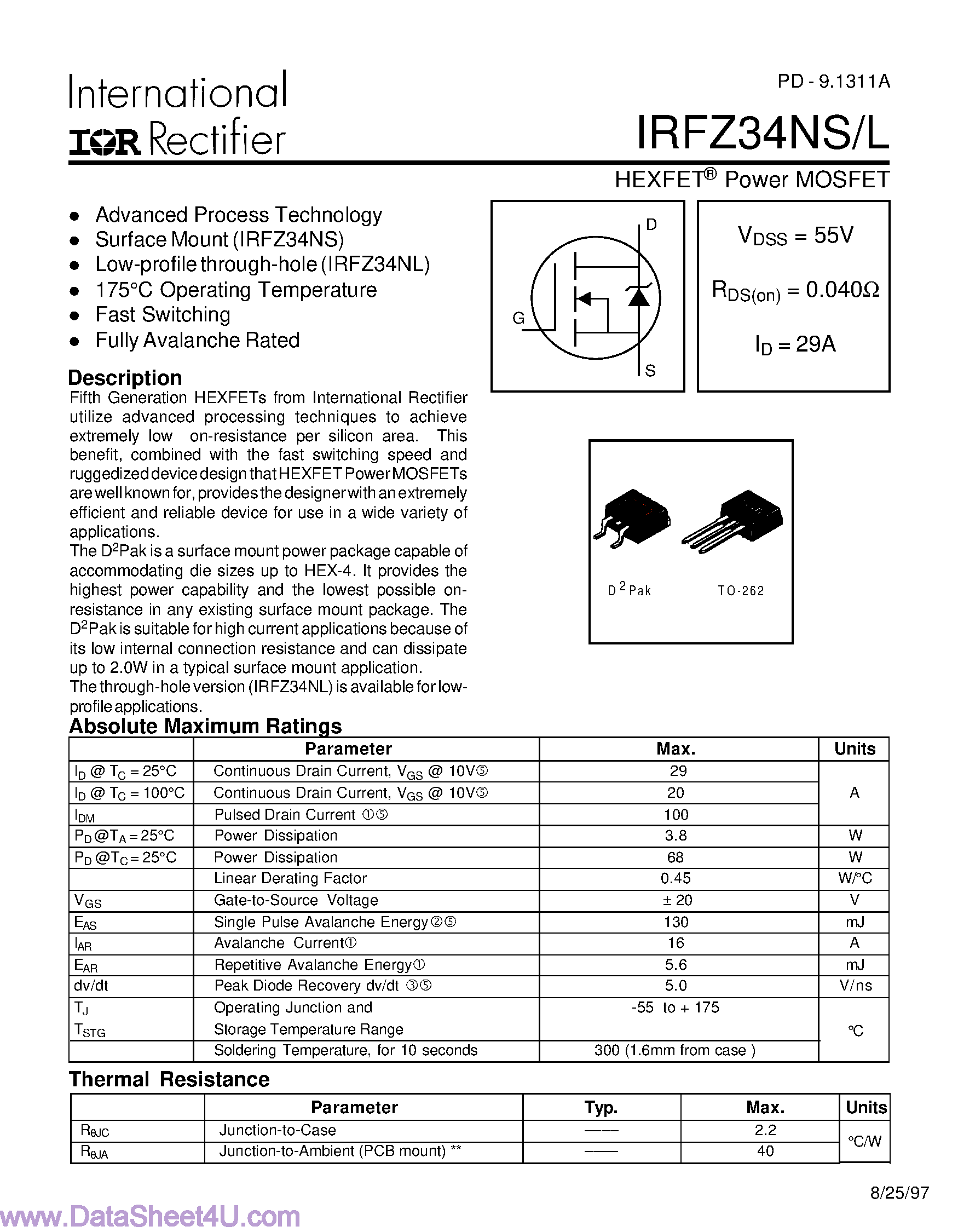 Datasheet IRFZ34NL - (IRFZ34NS/L) Power MOSFET page 1