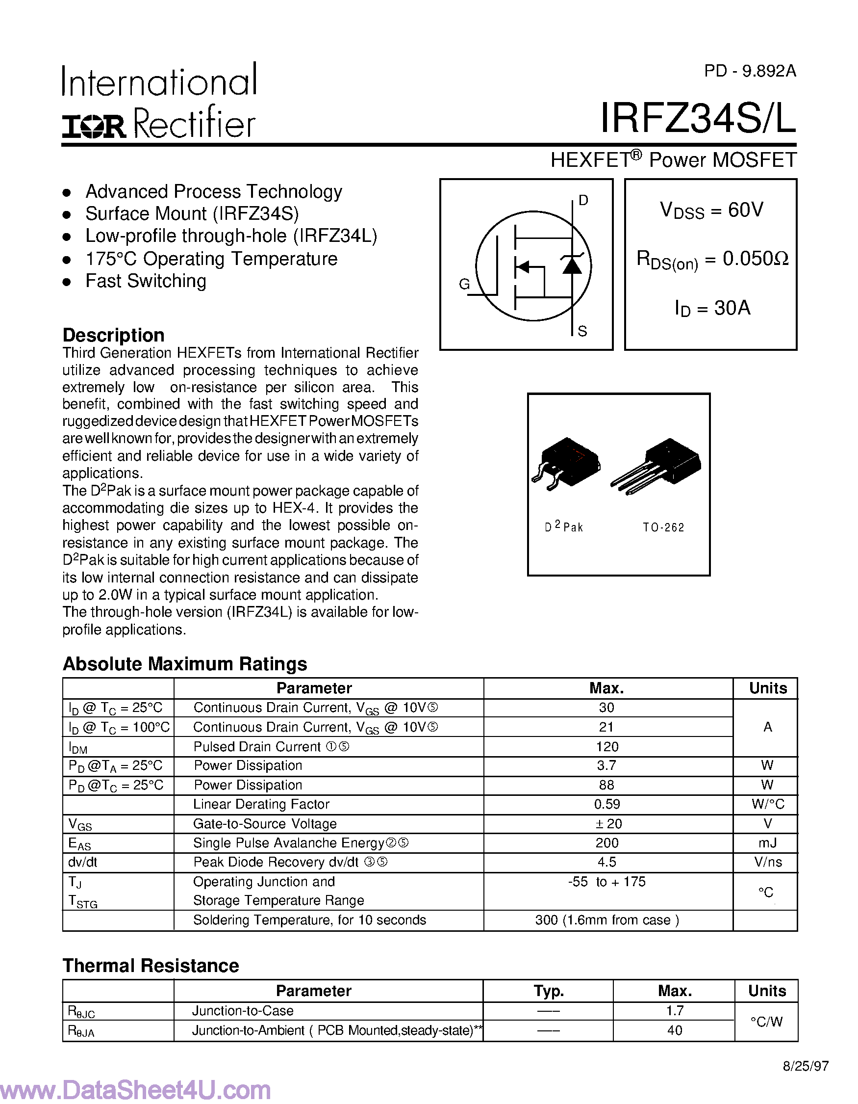 Datasheet IRFZ34L - (IRFZ34S/L) Power MOSFET page 1