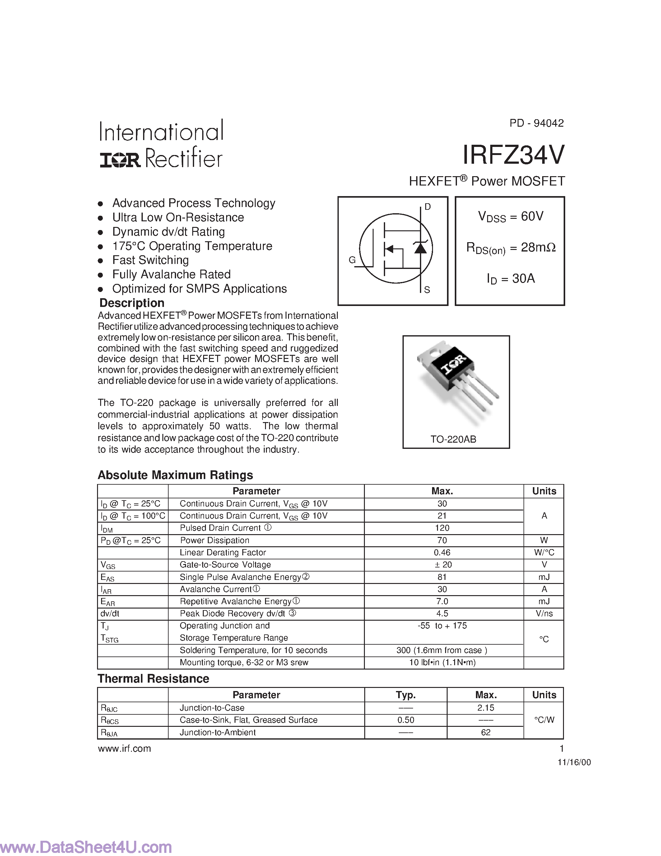 Даташит IRFZ34V - Power MOSFET страница 1