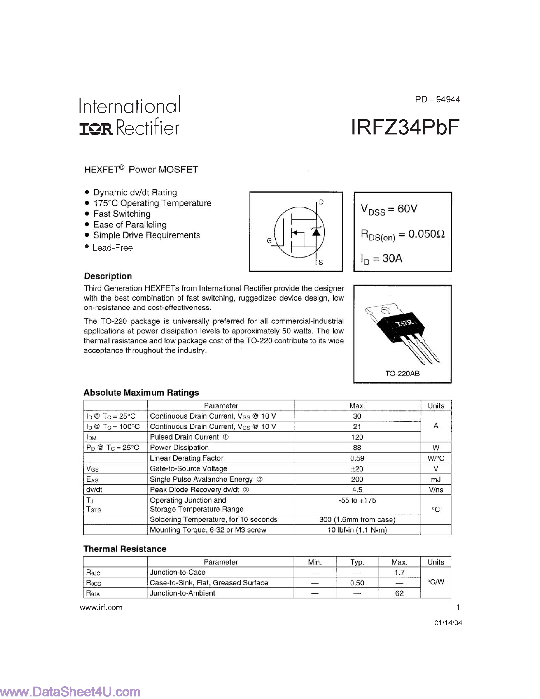 Даташит IRFZ34PbF - Power MOSFET страница 1