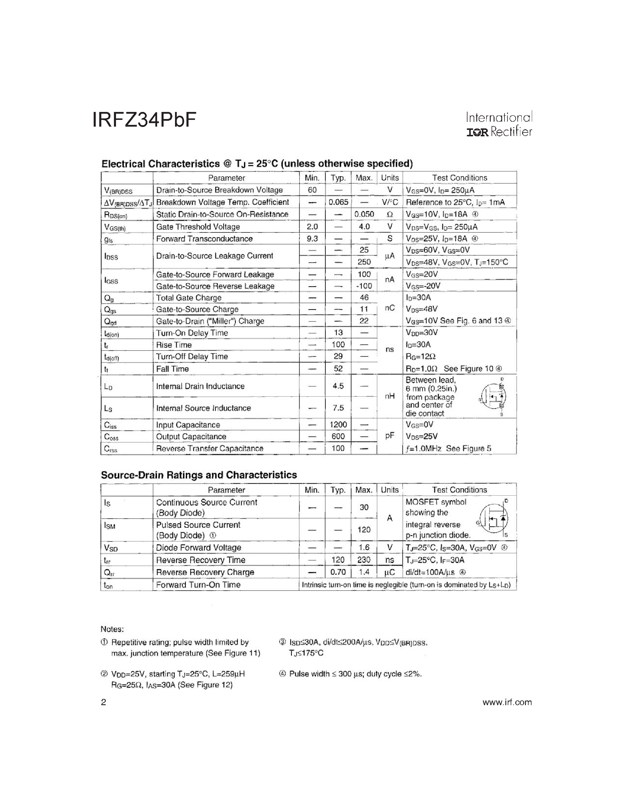 Даташит IRFZ34PbF - Power MOSFET страница 2