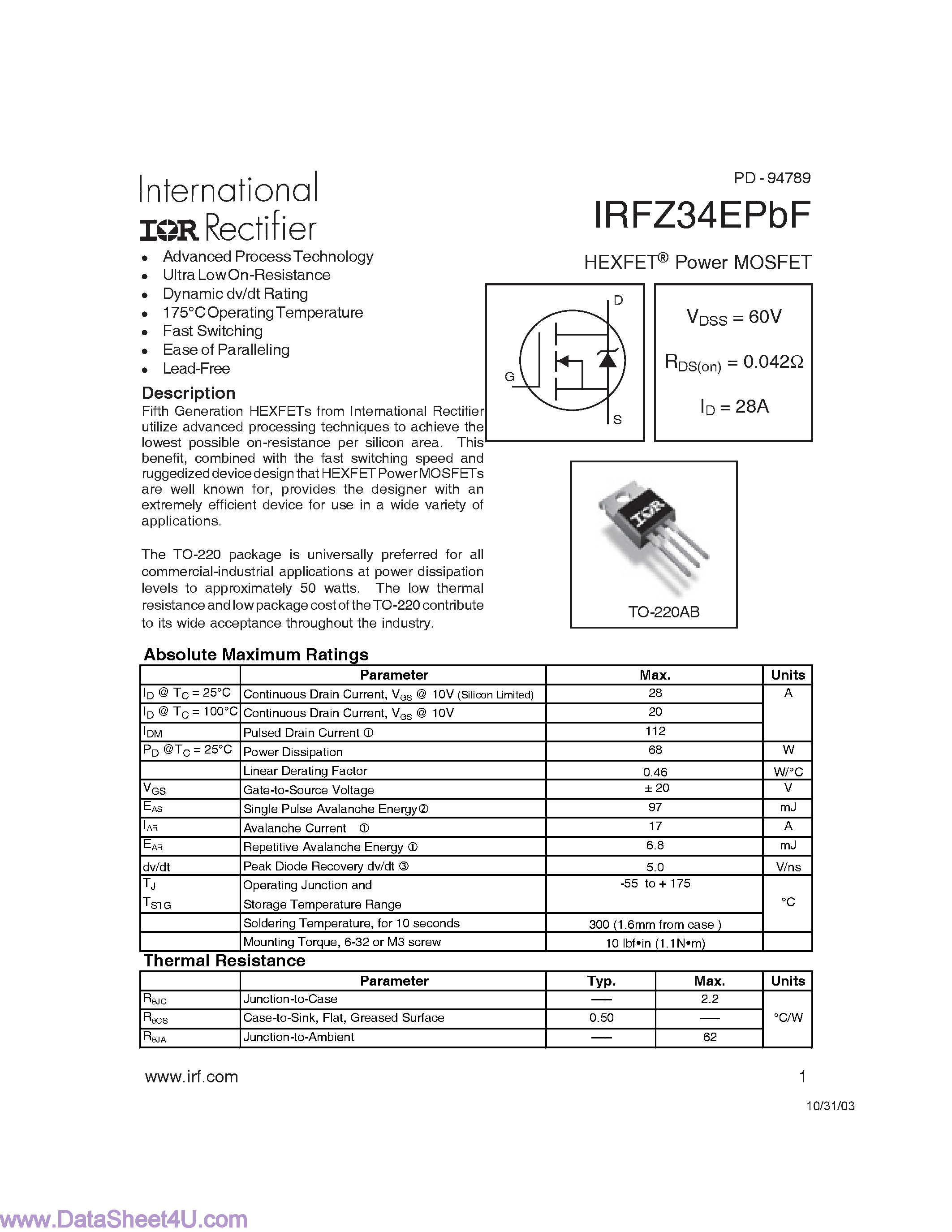 Даташит IRFZ34EPBF - Power MOSFET страница 1