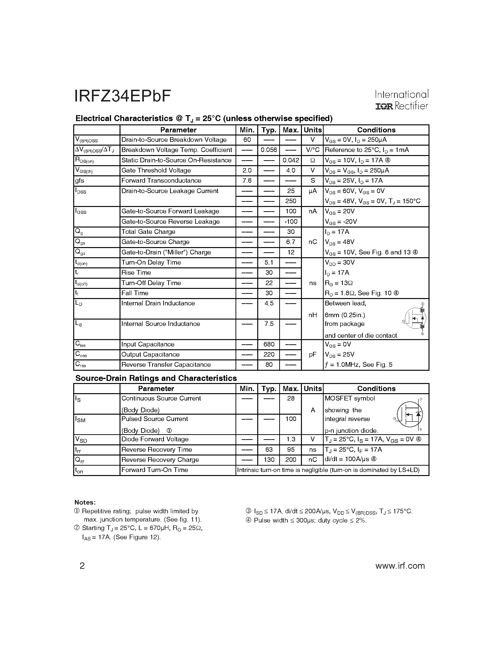 Даташит IRFZ34EPBF - Power MOSFET страница 2