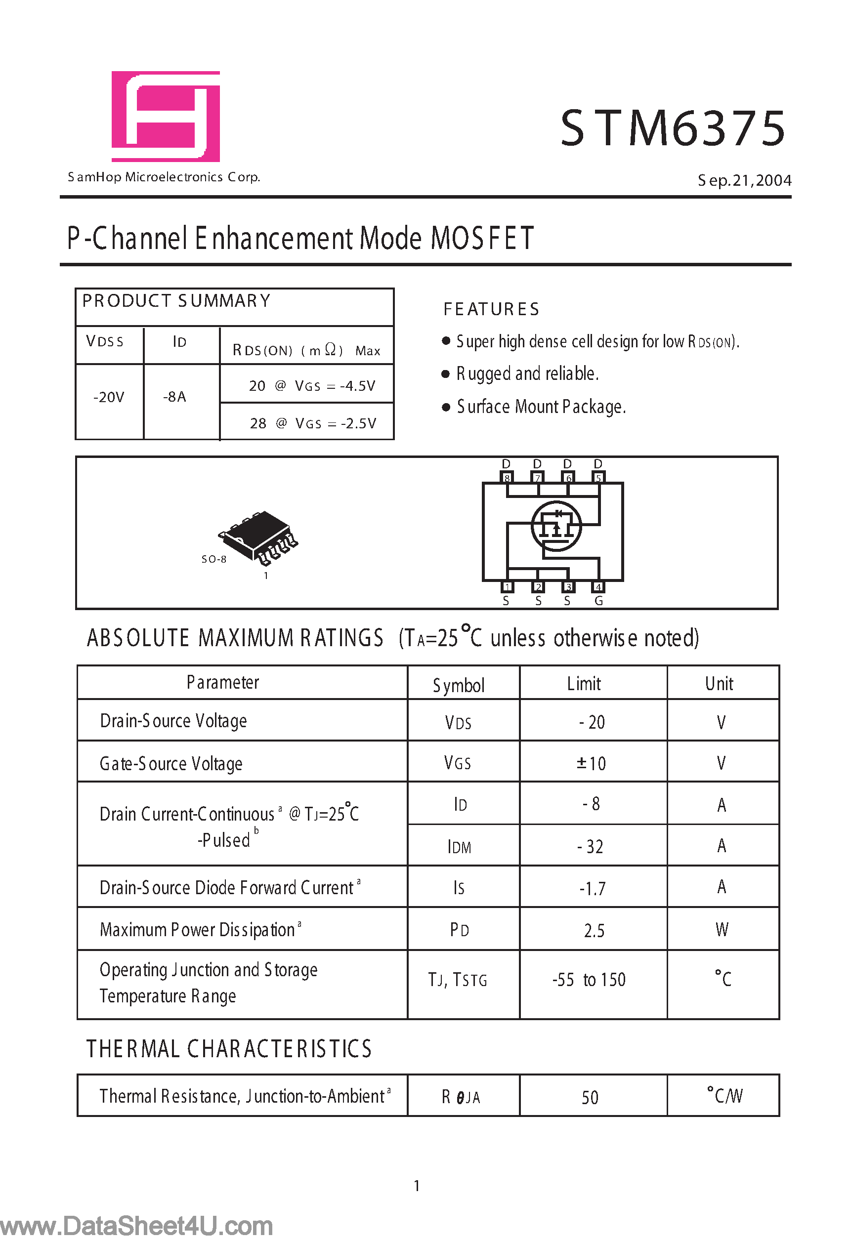 Даташит STM6375 - P-Channel Enhancement Mode MOSFET страница 1