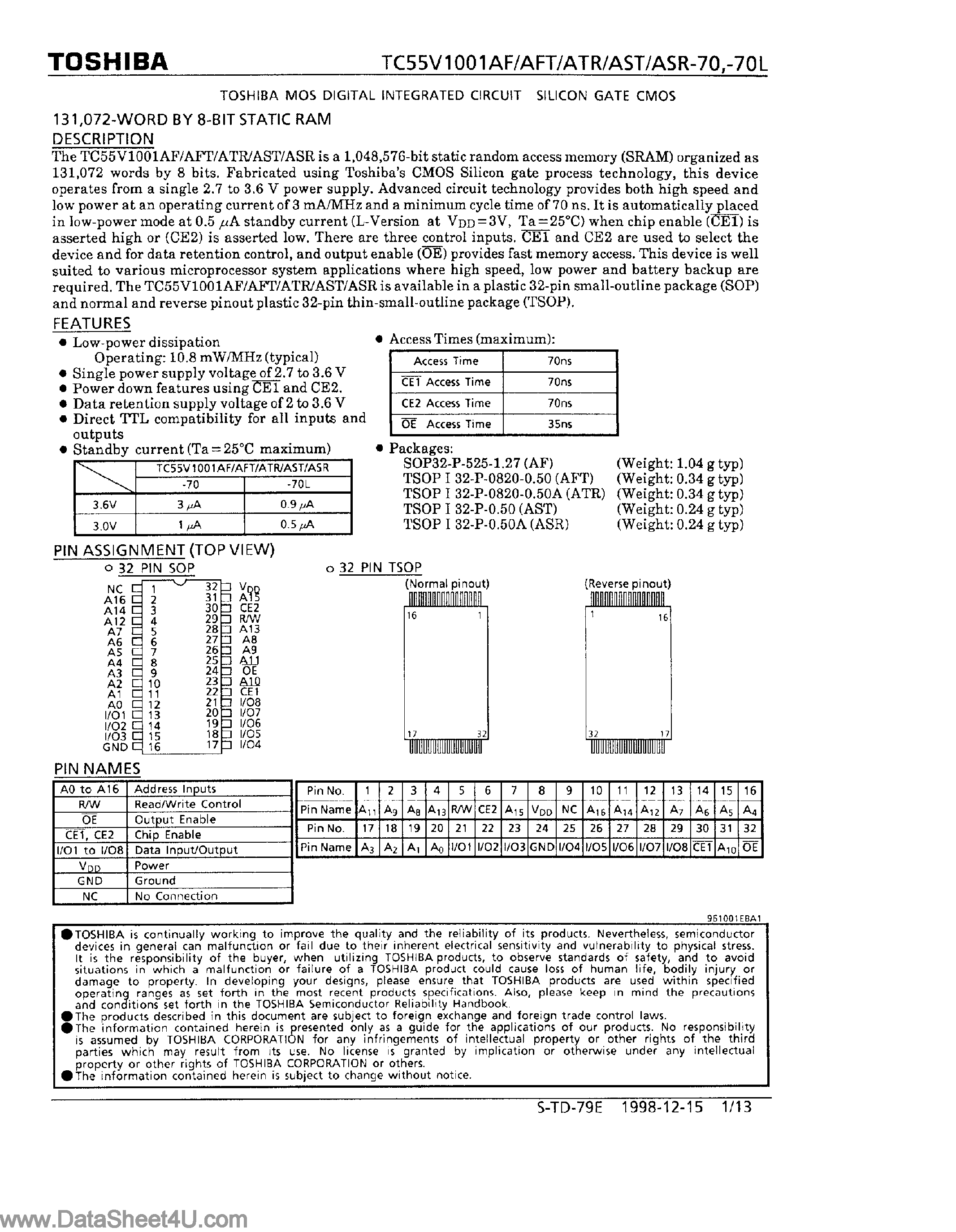 Datasheet TC55V1001A - (TC55V1001Axx) 8-Bit CMOS SRAM page 1