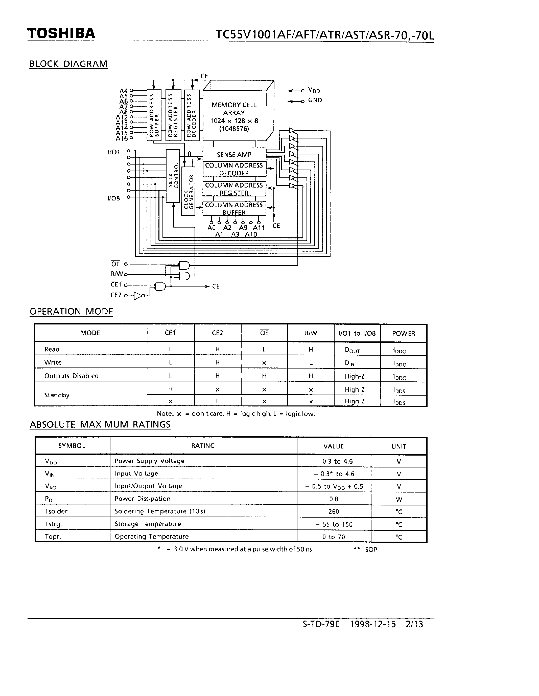 Datasheet TC55V1001A - (TC55V1001Axx) 8-Bit CMOS SRAM page 2