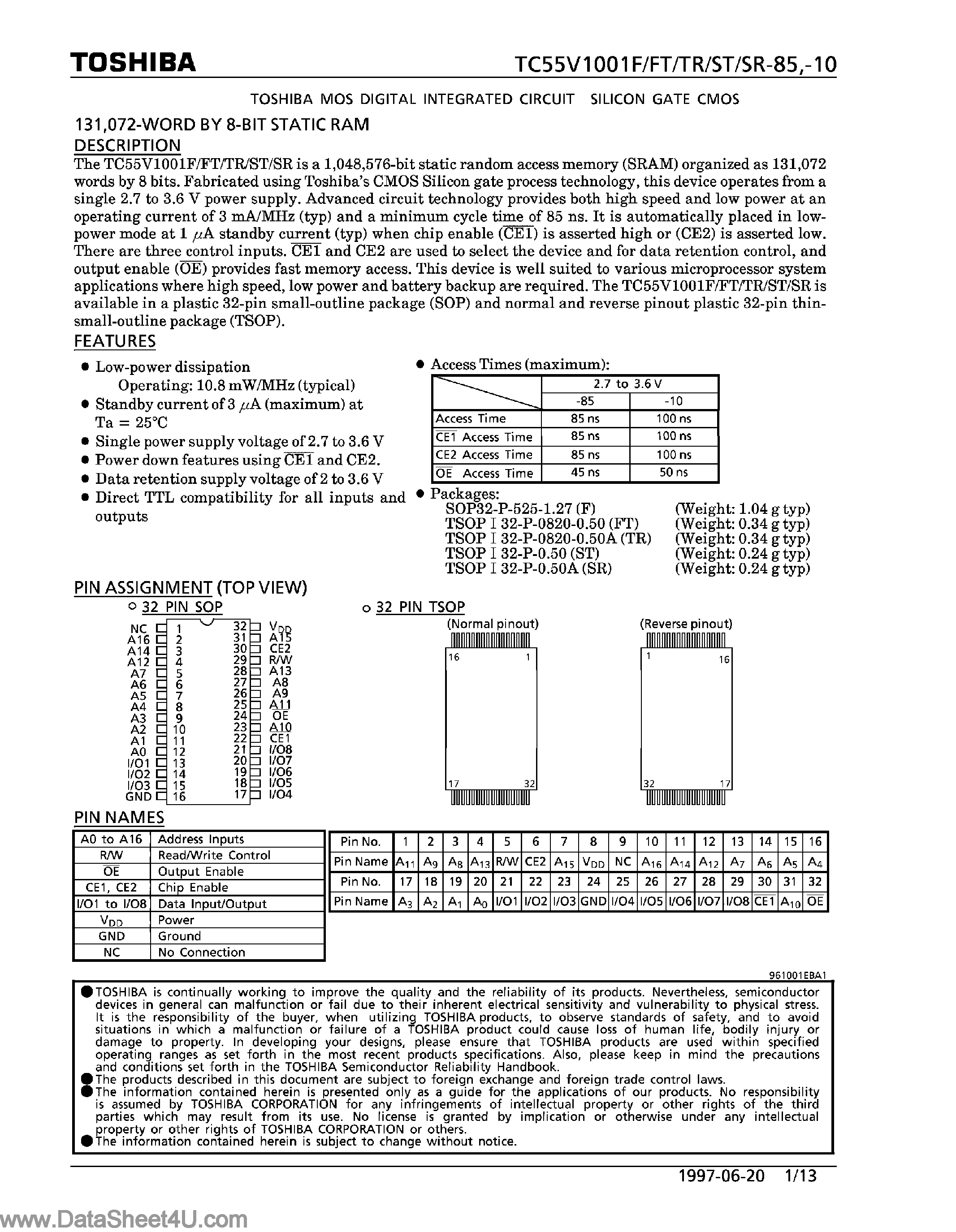 Datasheet TC55V1001F - (TC55V1001xx) 8-Bit CMOS SRAM page 1