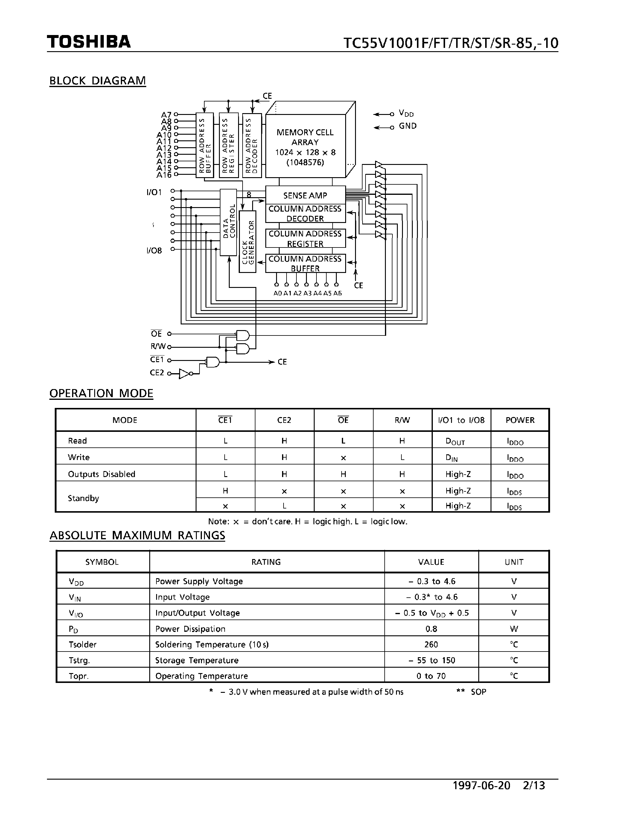 Datasheet TC55V1001F - (TC55V1001xx) 8-Bit CMOS SRAM page 2