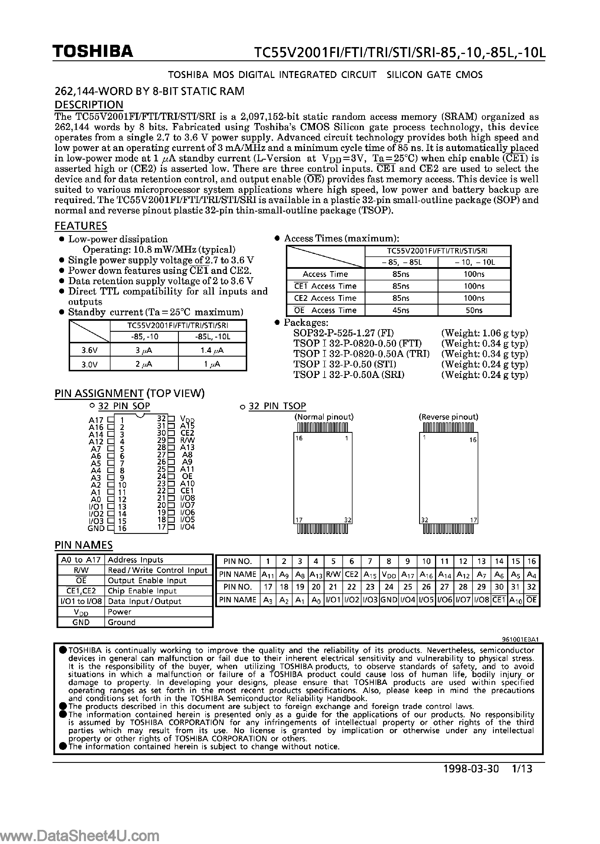 Datasheet TC55V2001F - (TC55V2001xx) 8-Bit CMOS SRAM page 1