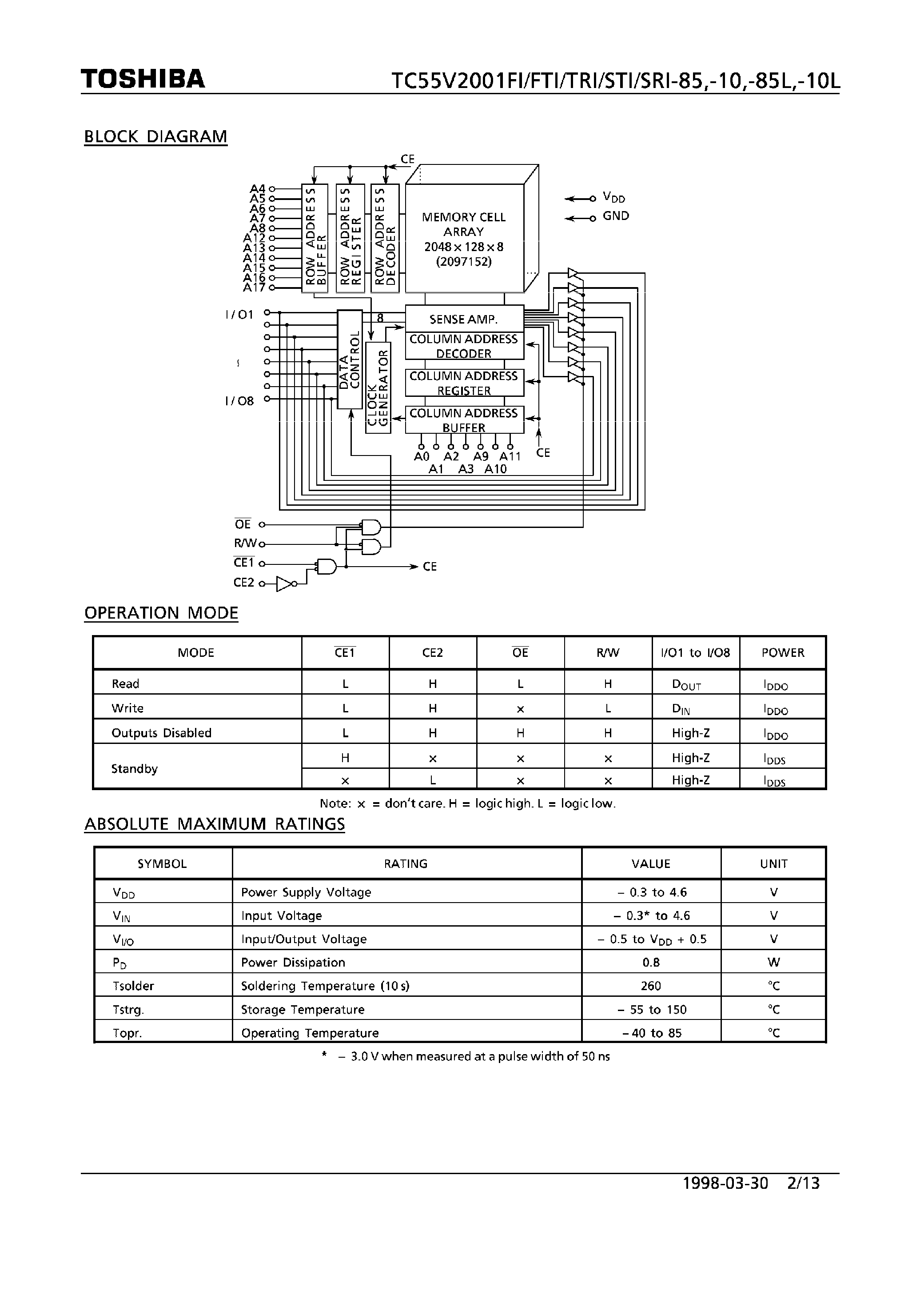 Datasheet TC55V2001F - (TC55V2001xx) 8-Bit CMOS SRAM page 2