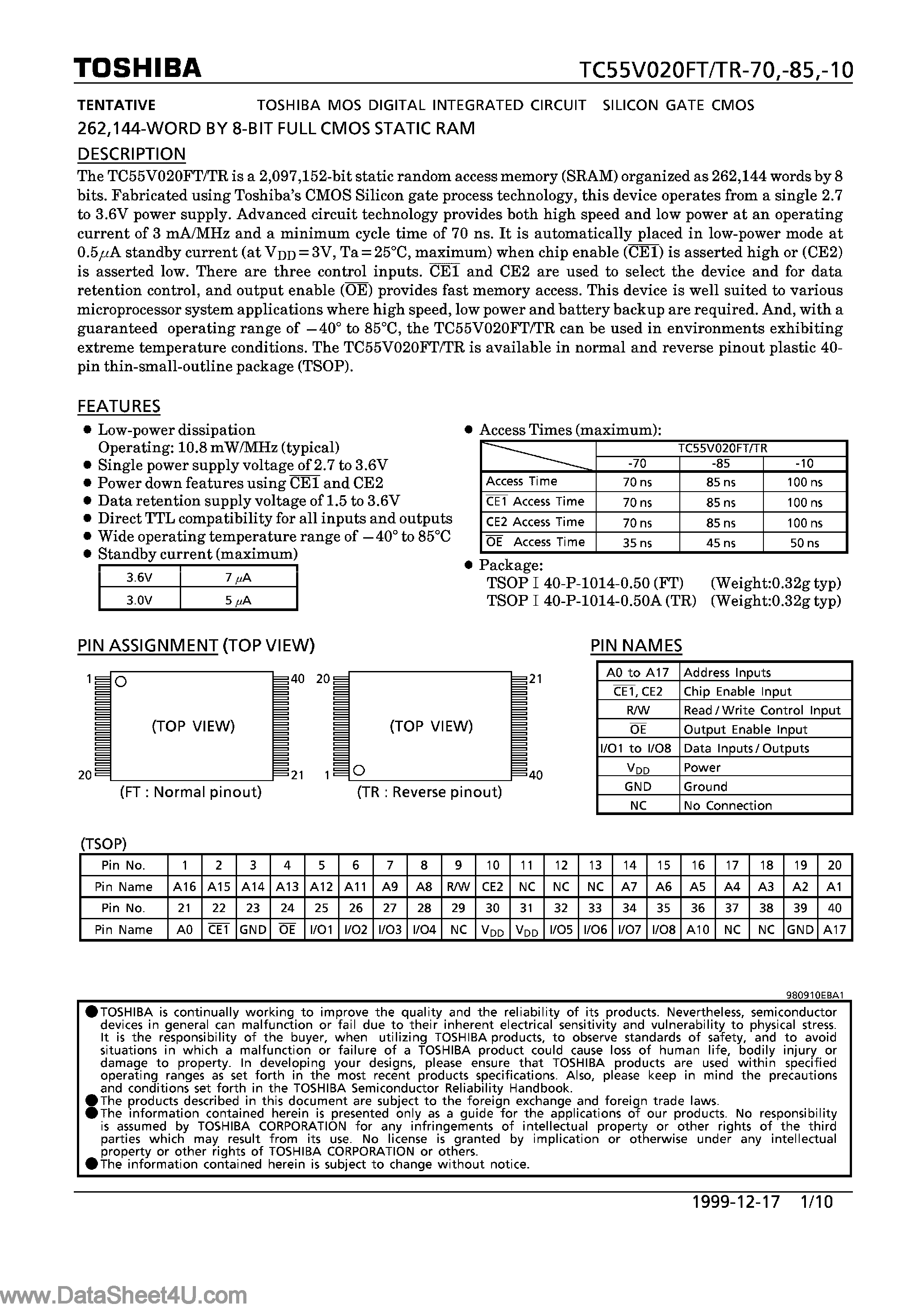 Datasheet TC55V020FT - (TC55V020FT/TR) 8-Bit FULL CMOS SRAM page 1