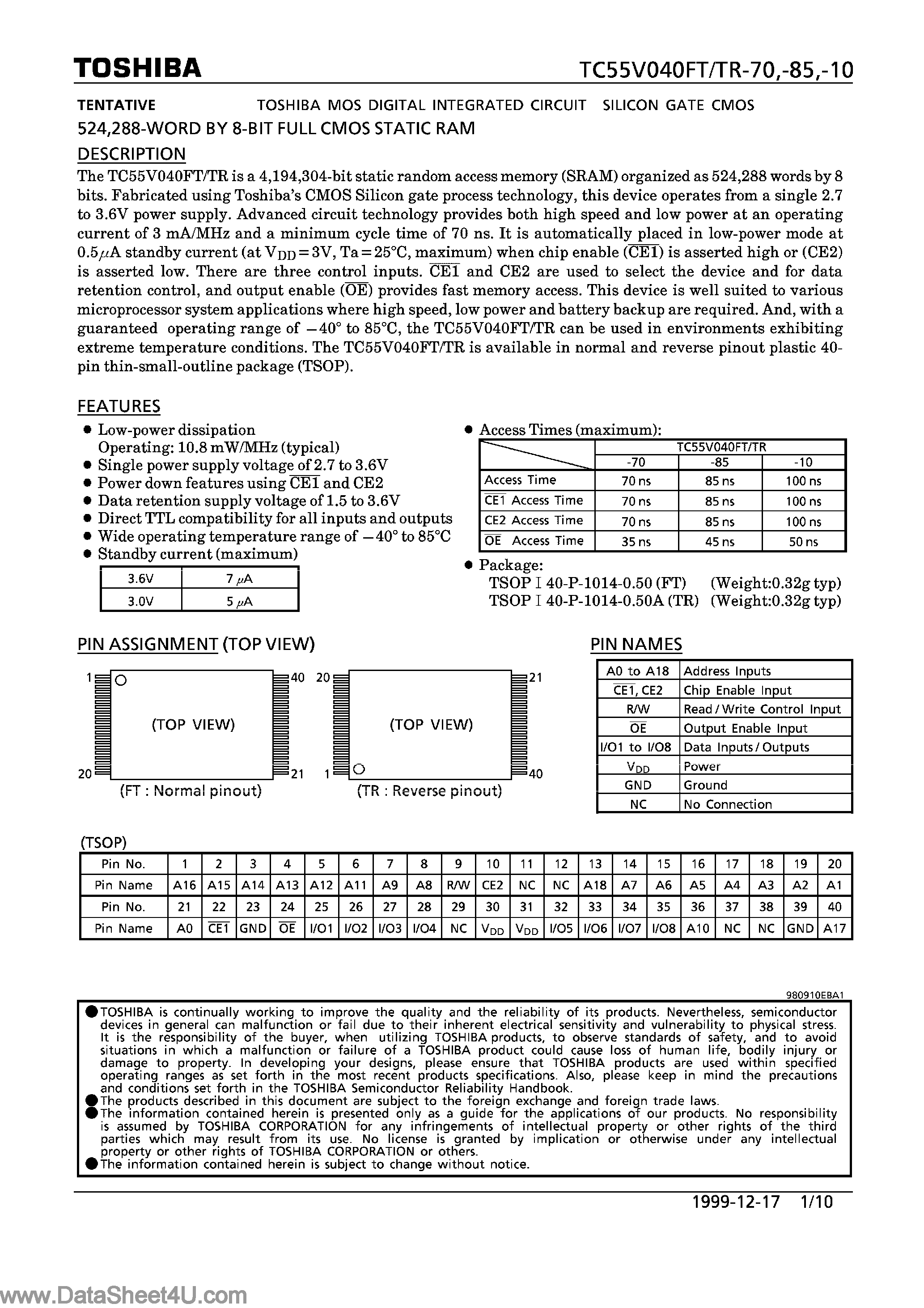 Datasheet TC55V040FT - (TC55V040FT/TR) 8-Bit FULL CMOS SRAM page 1