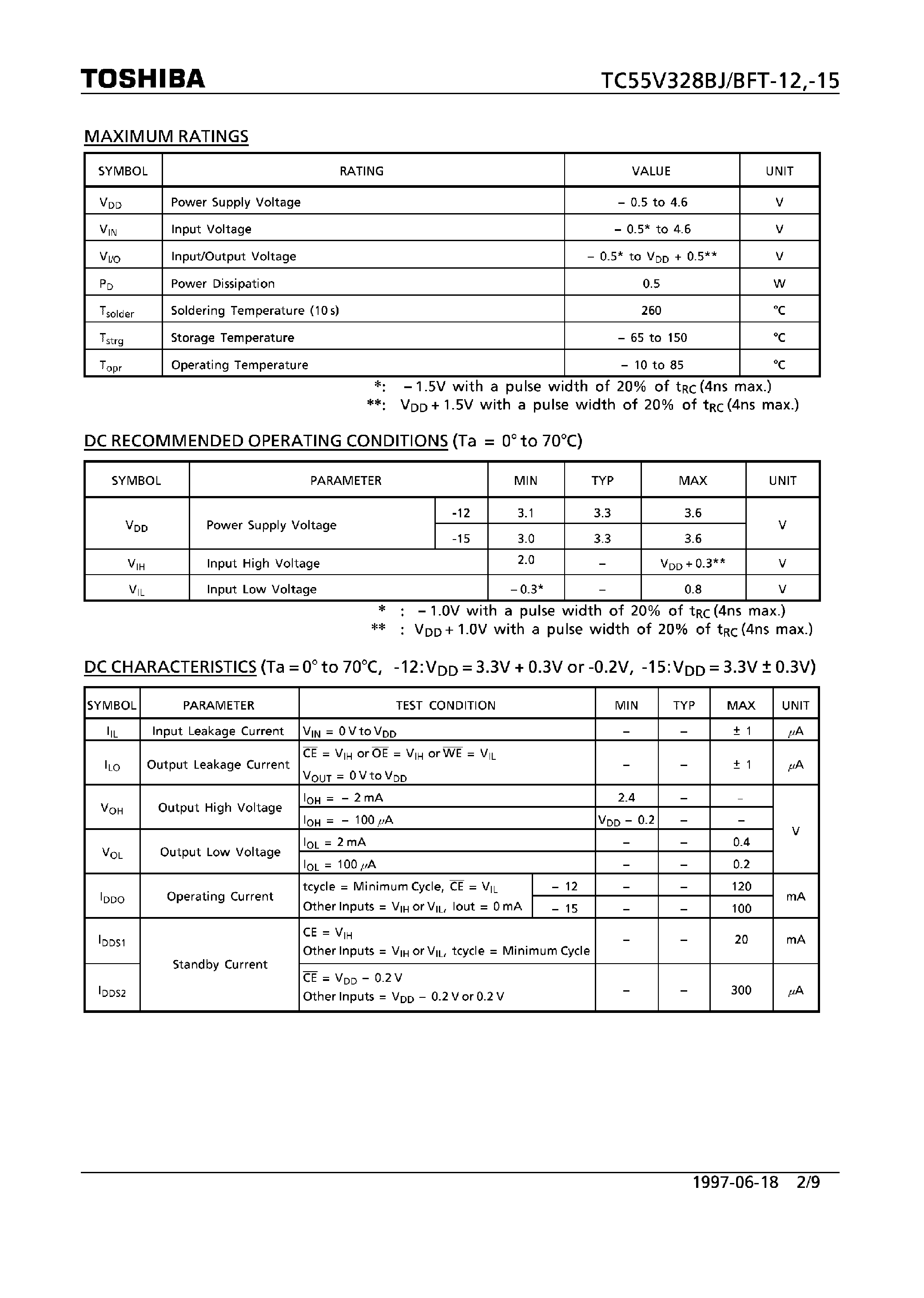 Datasheet TC55V328BFT - (TC55V328BJ/BFT) 8-Bit CMOS SRAM page 2