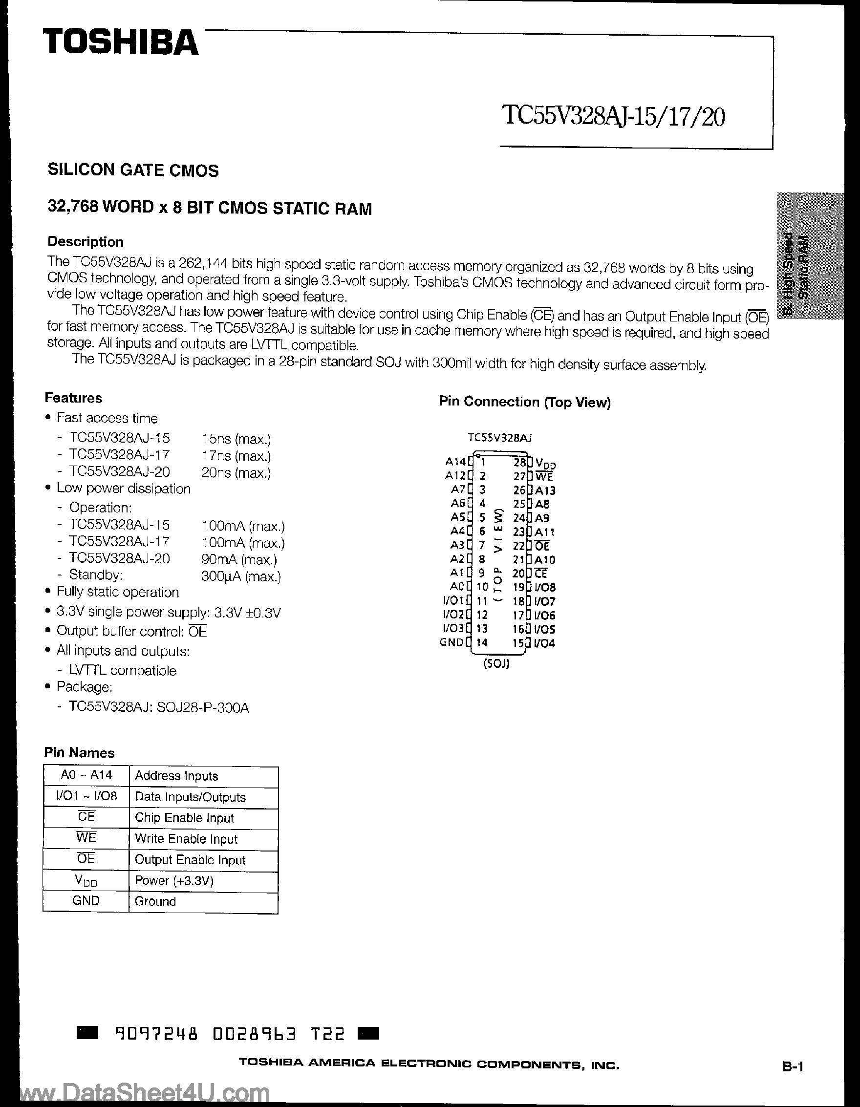 Datasheet TC55V328AJ - 8-Bit CMOS SRAM page 1