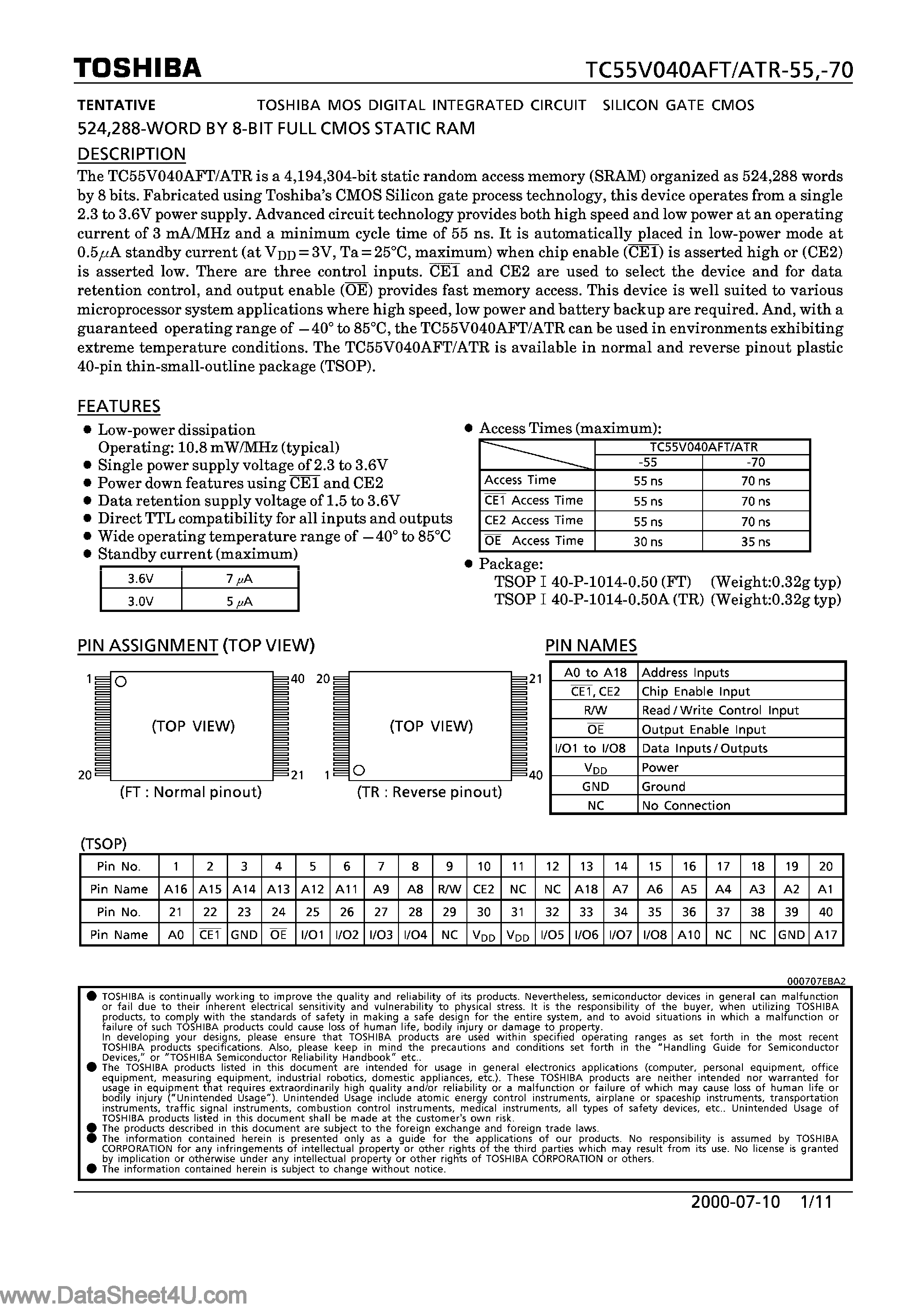 Datasheet TC55V040AFT - (TC55V040ATR/AFT) 8-Bit FULL CMOS SRAM page 1